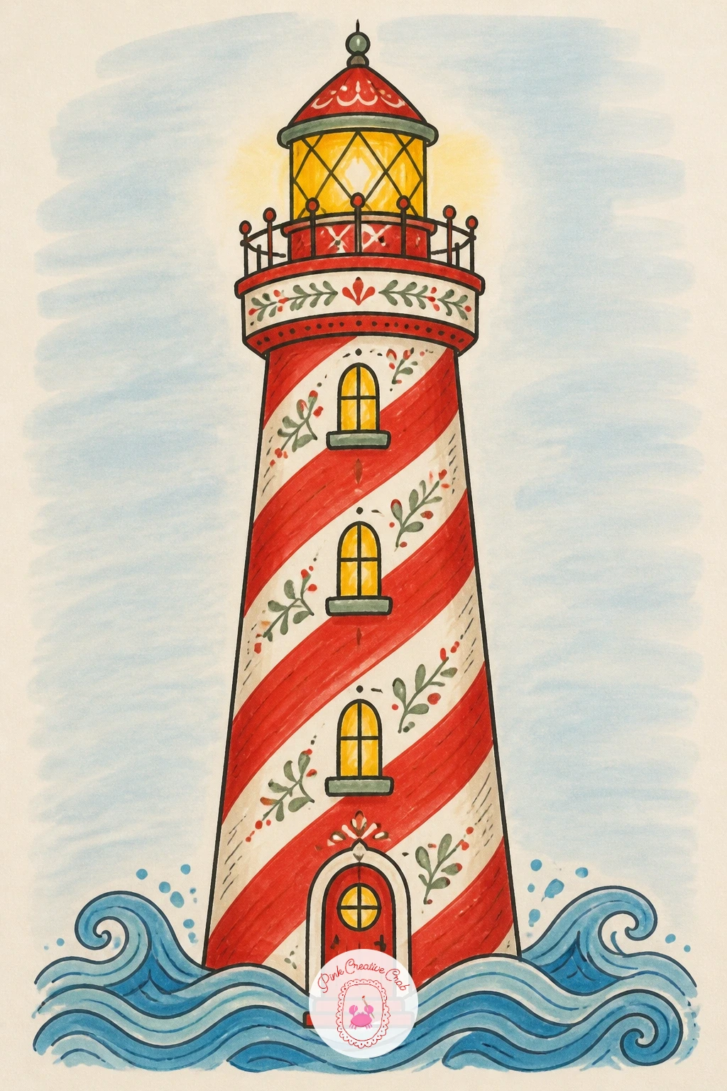 Lighthouse Painted Like a Candy Cane — Switch the whole silhouette with a lighthouse painted like a candy cane, trading the usual house shape for a tall