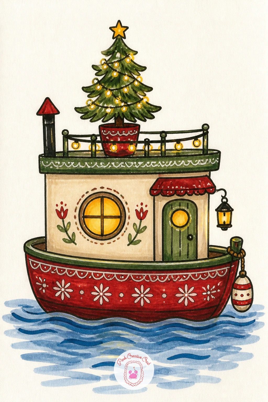 Houseboat With Tree on Its Roof — Keep the unusual silhouettes going with a houseboat, a small Christmas tree strapped to its flat roof. Christmas house drawing