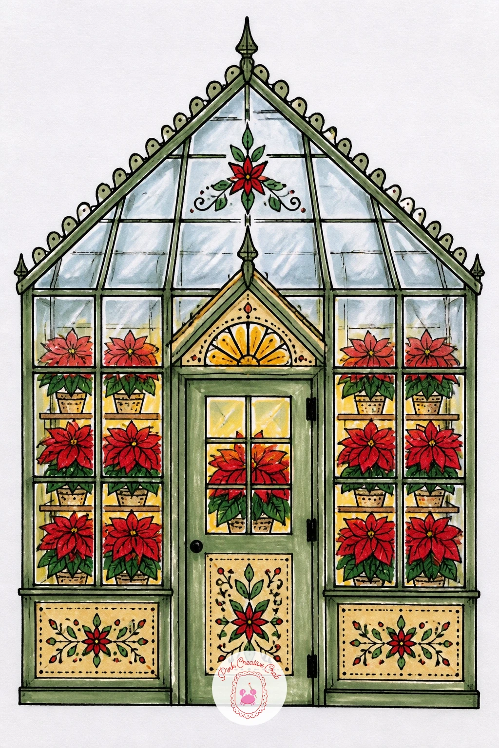 Greenhouse Full of Poinsettias — Shift from solid walls to glass with a greenhouse, its rows of poinsettias visible right through the panes. Christmas house