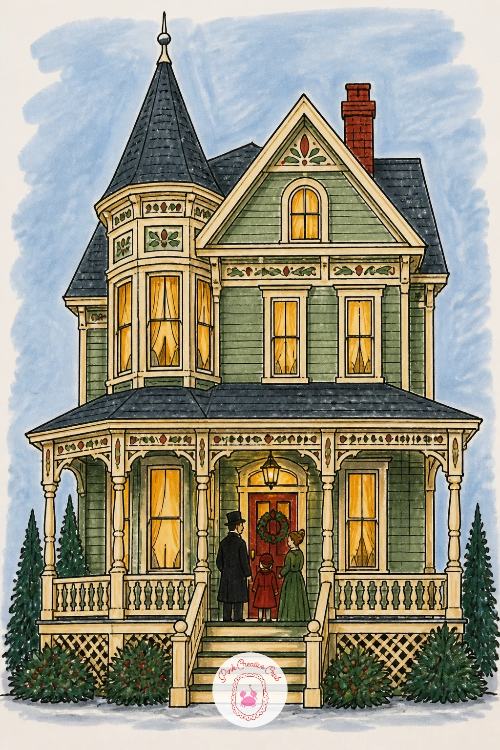 Victorian House With Family on the Porch — Take on a more detailed facade with a Victorian house, a small family gathered together on its porch. Christmas