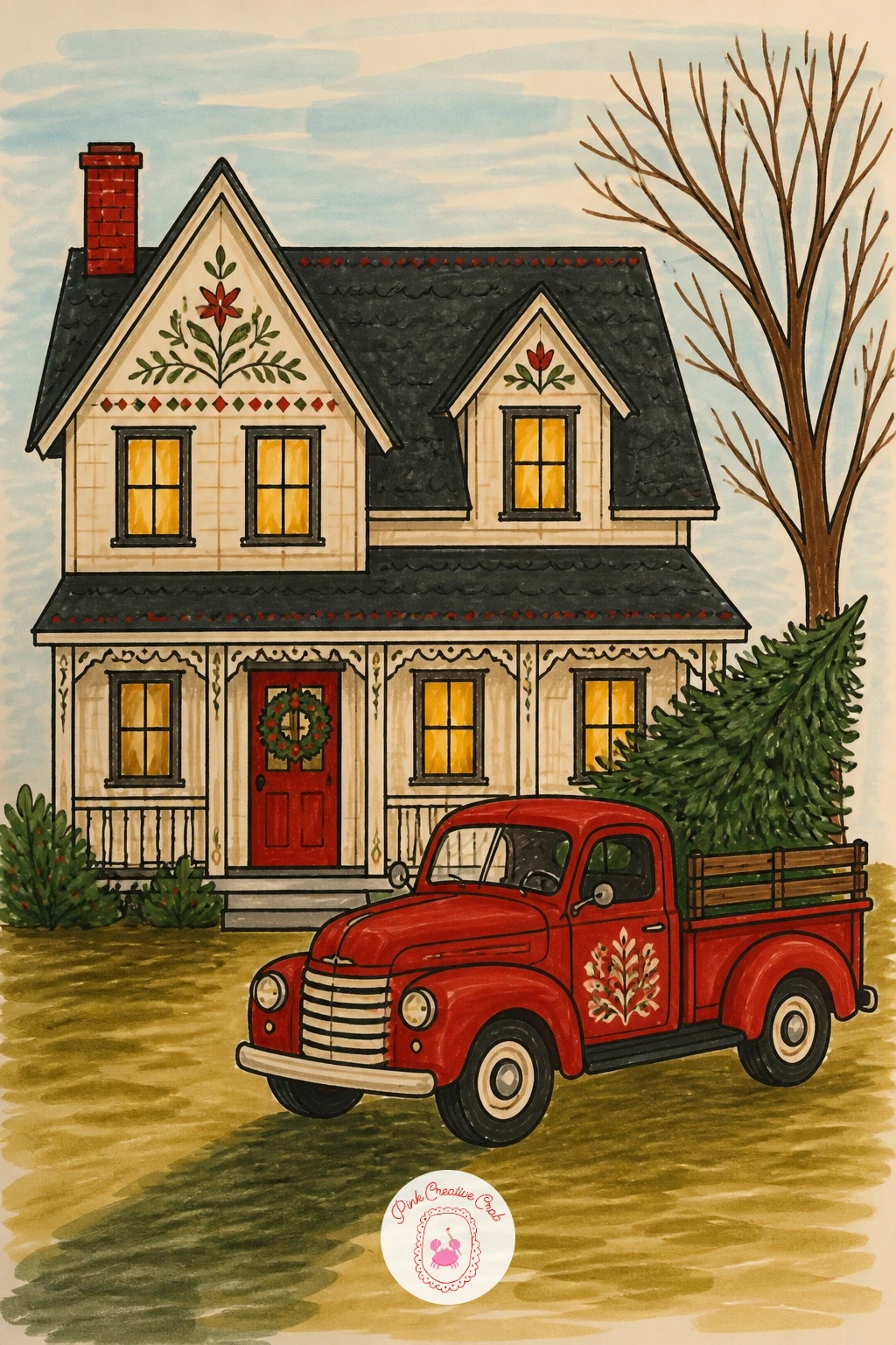 Farmhouse With Red Truck and Tree — Bring a little action into the yard with a farmhouse, a red truck parked out front hauling home a fresh cut tree. Christmas