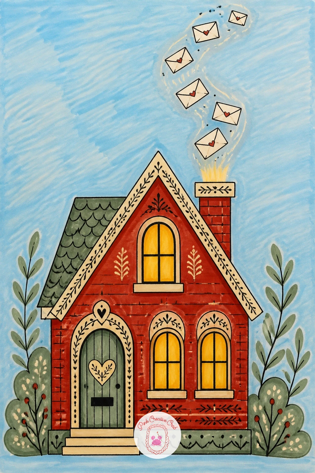 Post Office House With Flying Letters — Add a touch of whimsy with a post office house, small letters appearing to fly right out of its chimney into the sky.