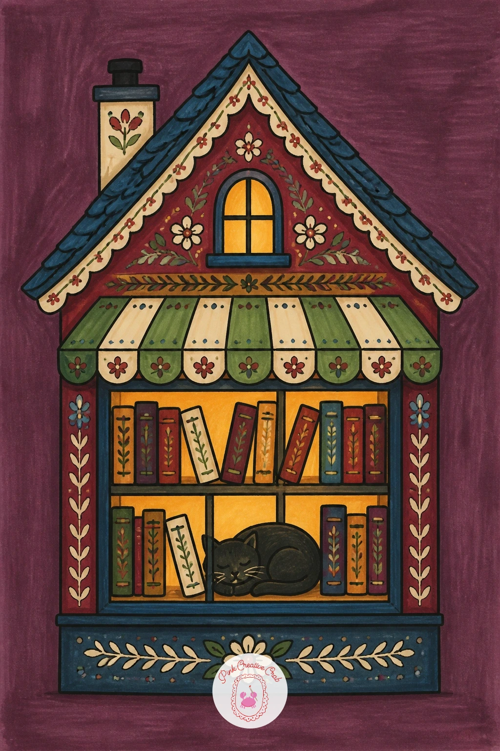 Tiny Bookshop House With Reading Cat — Slow the pace back down with a tiny bookshop house, a cat curled up reading in its front window. Christmas house drawing