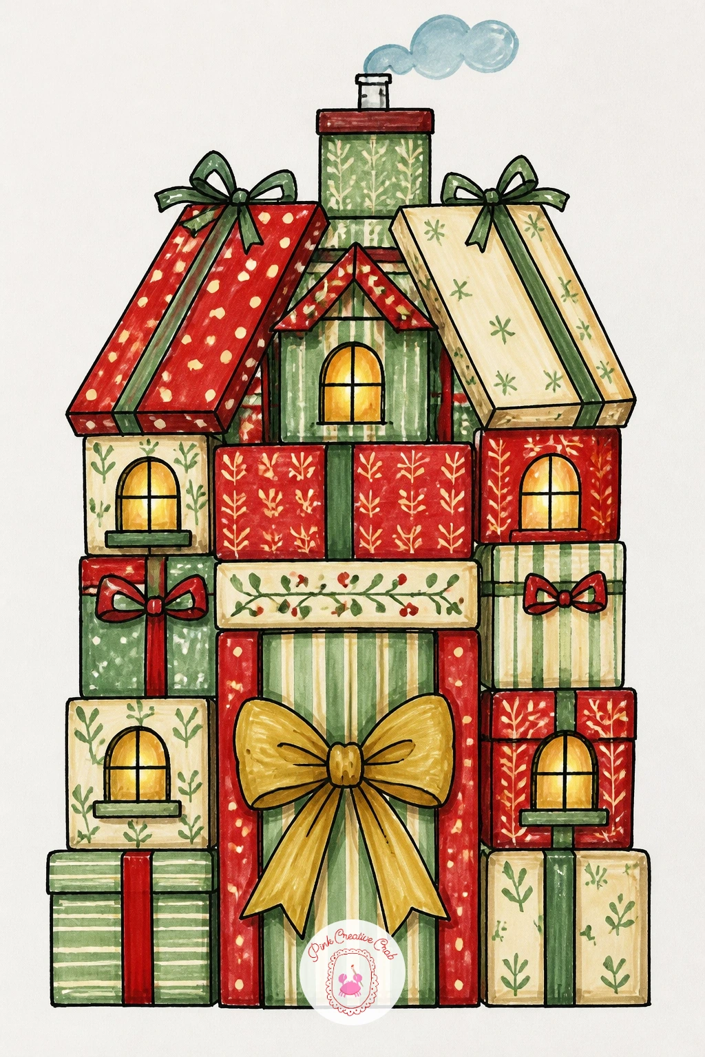 House Made of Stacked Presents — Play with the ornament logic directly now and build a whole house out of stacked wrapped presents instead of wood or brick.
