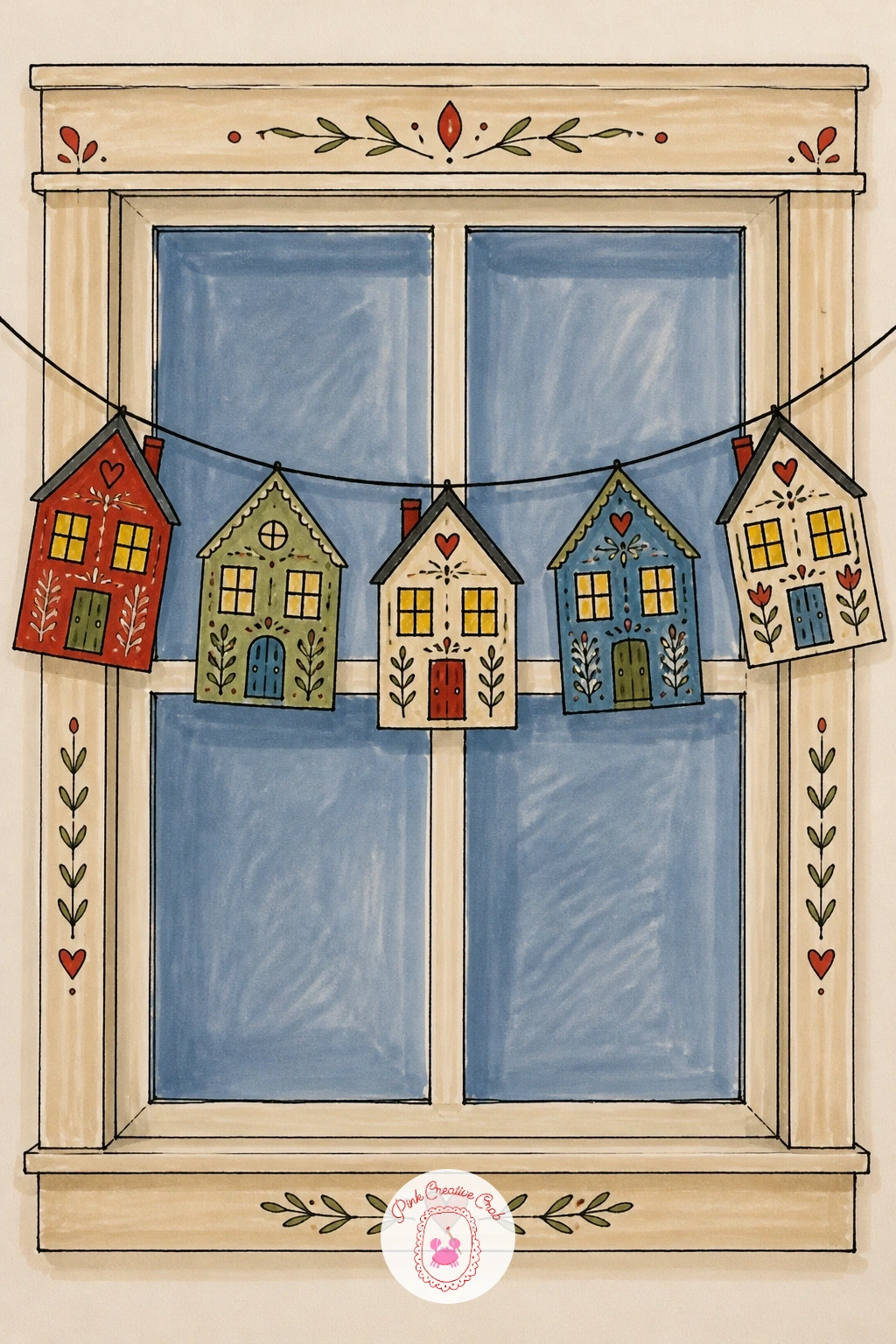 Paper House Garland Across a Window — Change the whole context of the drawing with a paper house garland strung across a window, several tiny folk houses