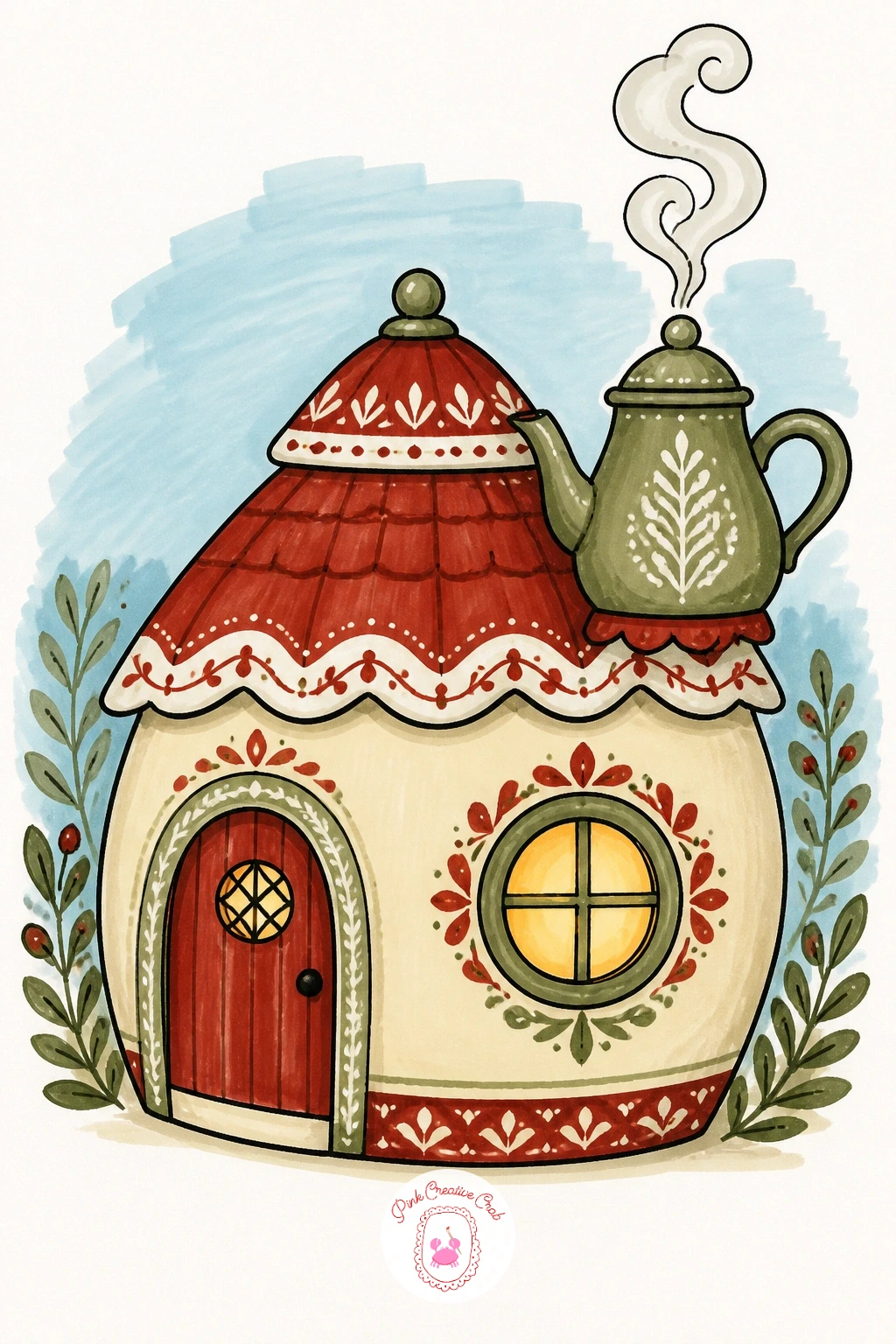 Teahouse With Steaming Teapot Chimney — Return to a single cozy house with a teahouse, steam curling from a teapot-shaped chimney instead of an ordinary brick