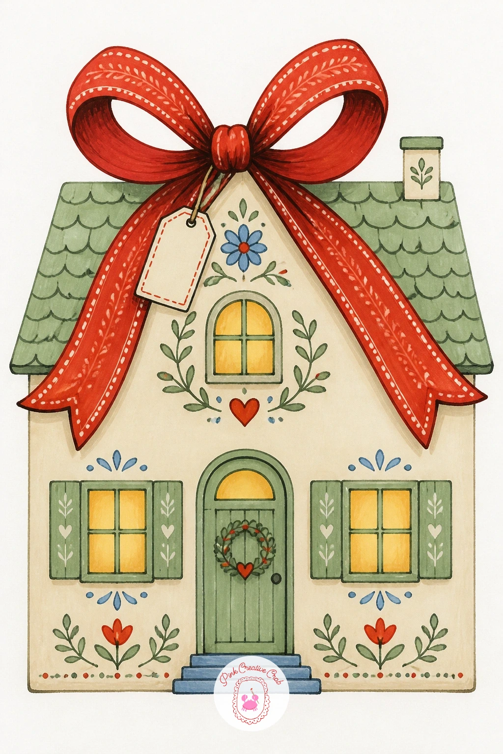House With Giant Bow on the Roof — Keep the ornament feeling strong with a plain little house wearing one giant bow tied right across its roof, as if the whole