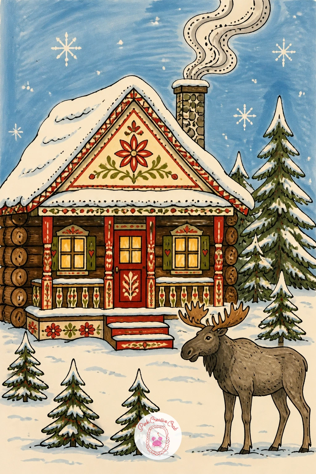 Log Cabin With Smoke and Moose Outside — Bring in a bigger animal visitor with a log cabin, a moose standing quietly just outside while smoke curls from the