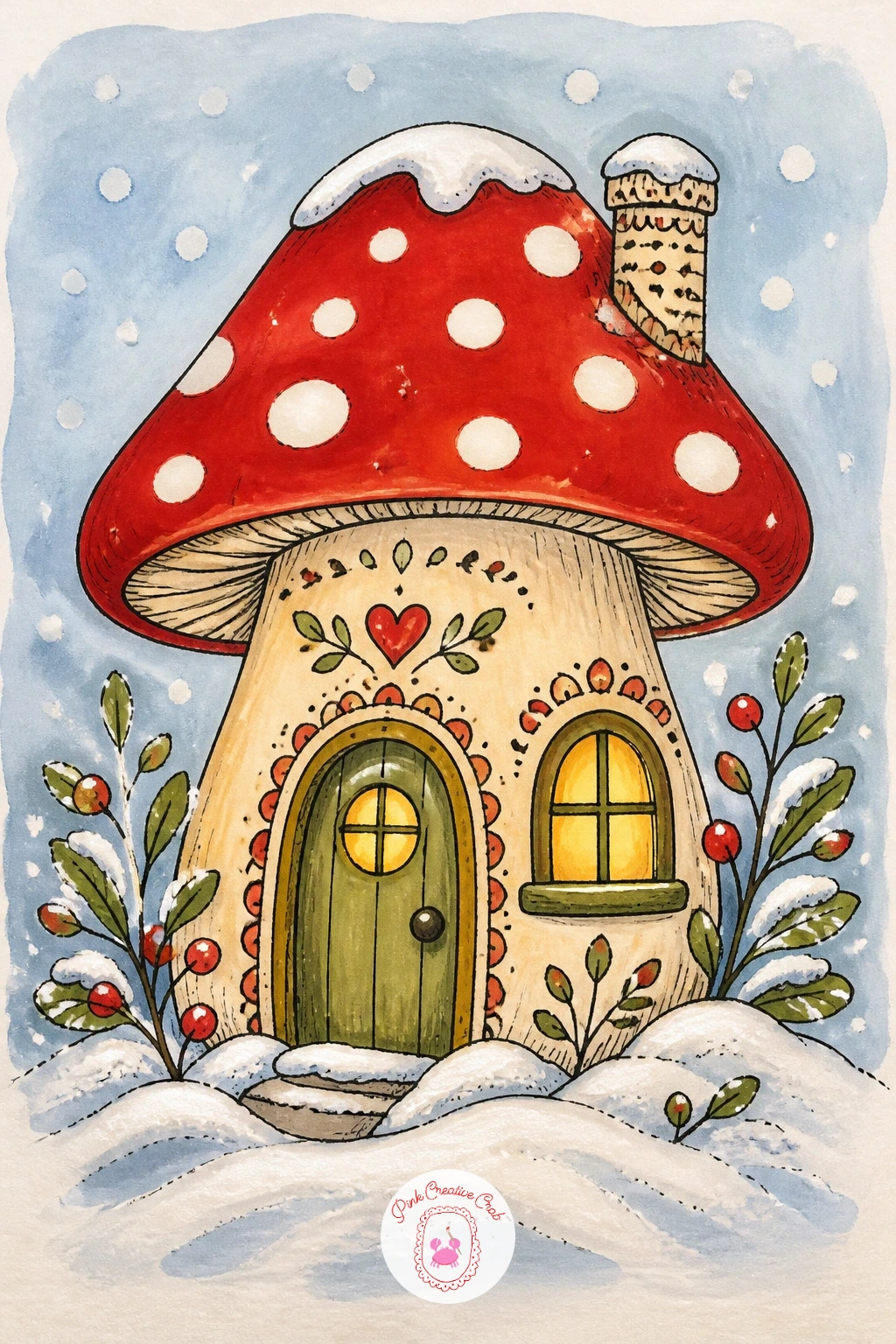 Mushroom House in Snow — Go fully fairytale with a mushroom house, its round red-capped roof sitting over a tiny round door in a bed of soft snow. Christmas