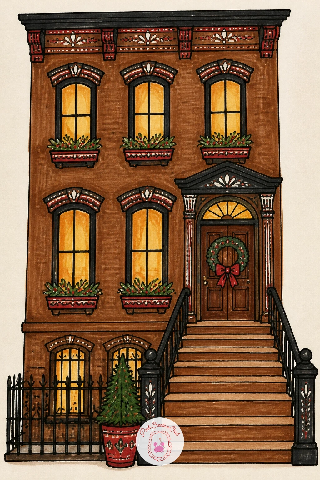 City Brownstone With Wreath and Stairs — Return to an urban setting with a city brownstone, its front stoop climbing up to a door dressed with a simple wreath.