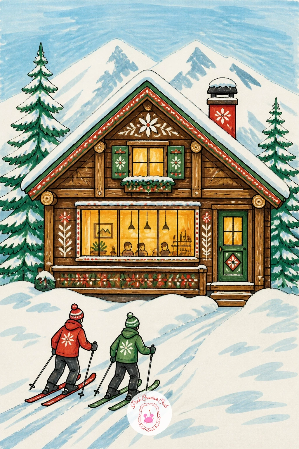 Ski Lodge With Skiers Arriving — Add a sense of arrival with a ski lodge, two or three tiny skiers gliding in toward its glowing entrance. Christmas house
