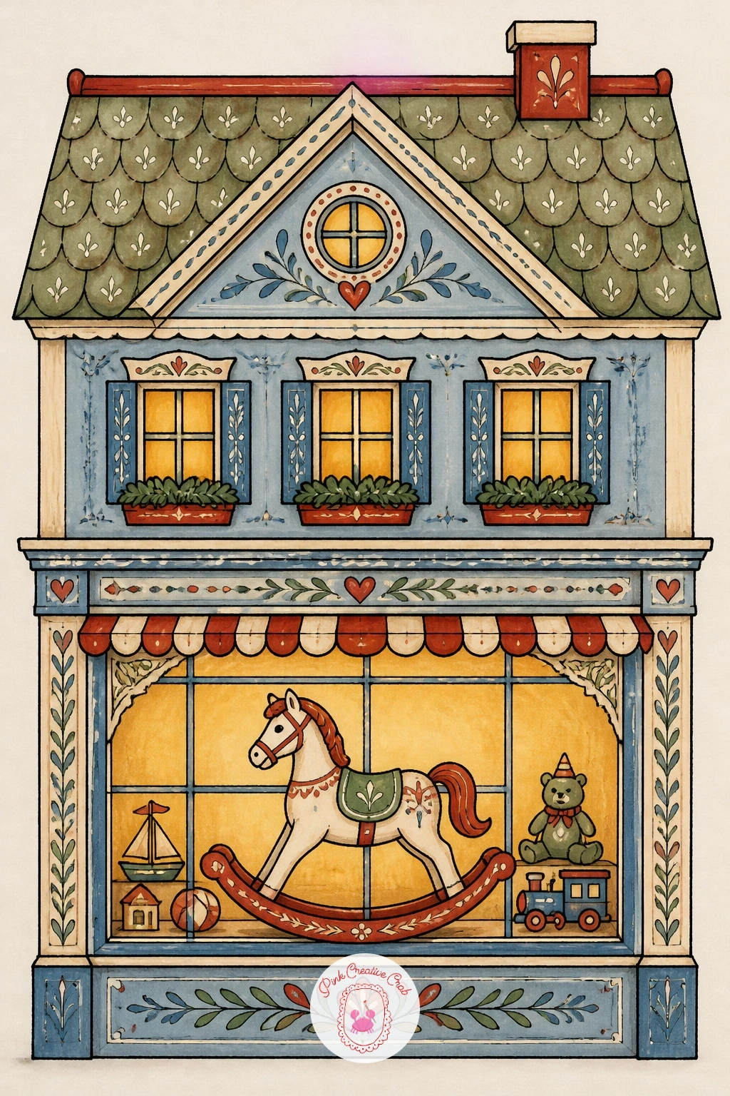 Toy Shop House With Rocking Horse — Bring back some storefront charm with a toy shop house, a rocking horse displayed proudly in its front window. Christmas