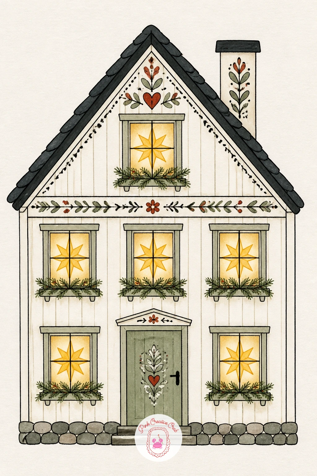 Scandinavian House With Paper Stars — Return to a quieter folk mood with a Scandinavian house, simple paper stars hanging in every window instead of lights or