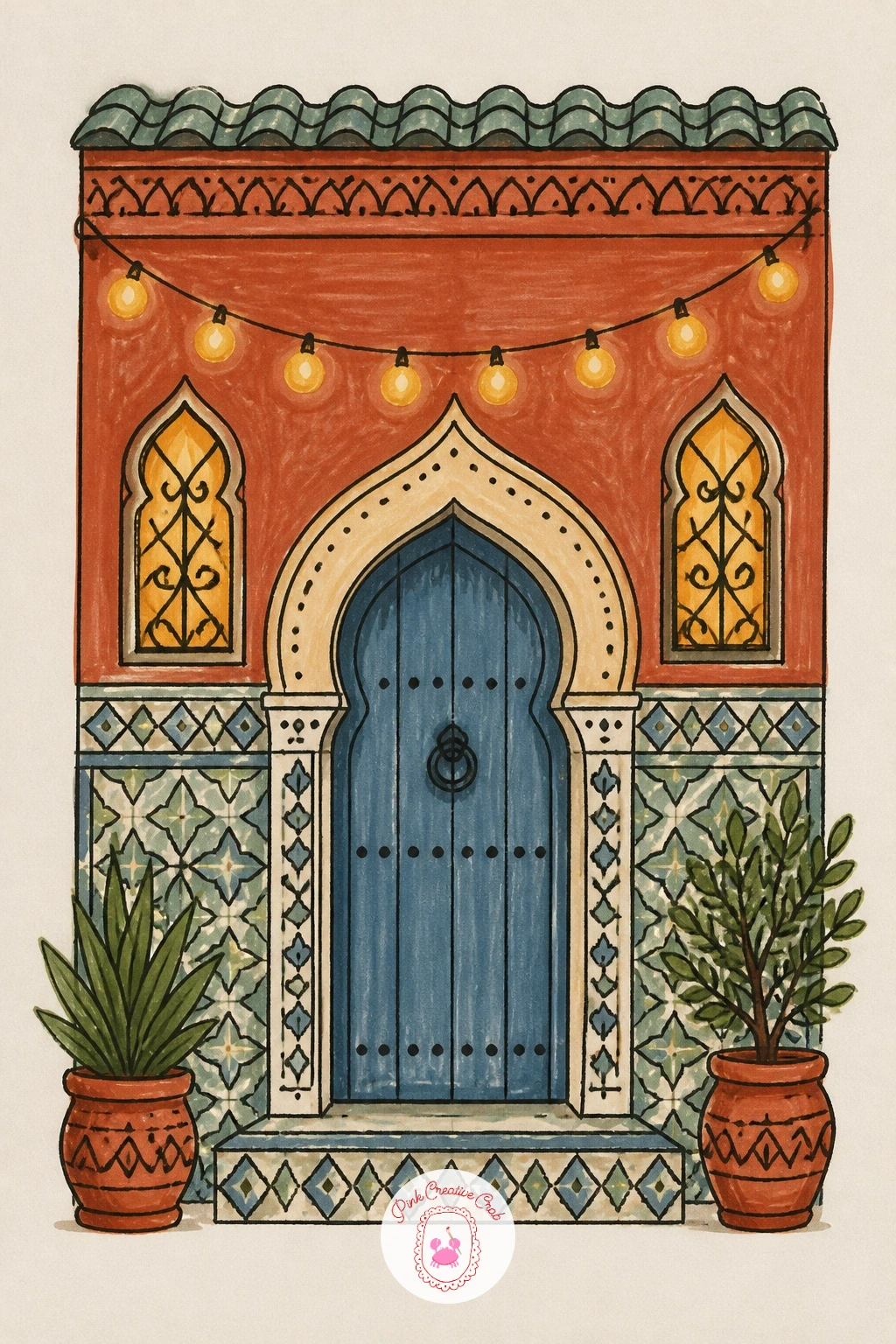 Moroccan-Tile House With Fairy Lights — Add some pattern richness with a Moroccan-tile house, its walls covered in small repeating geometric tiles and strung