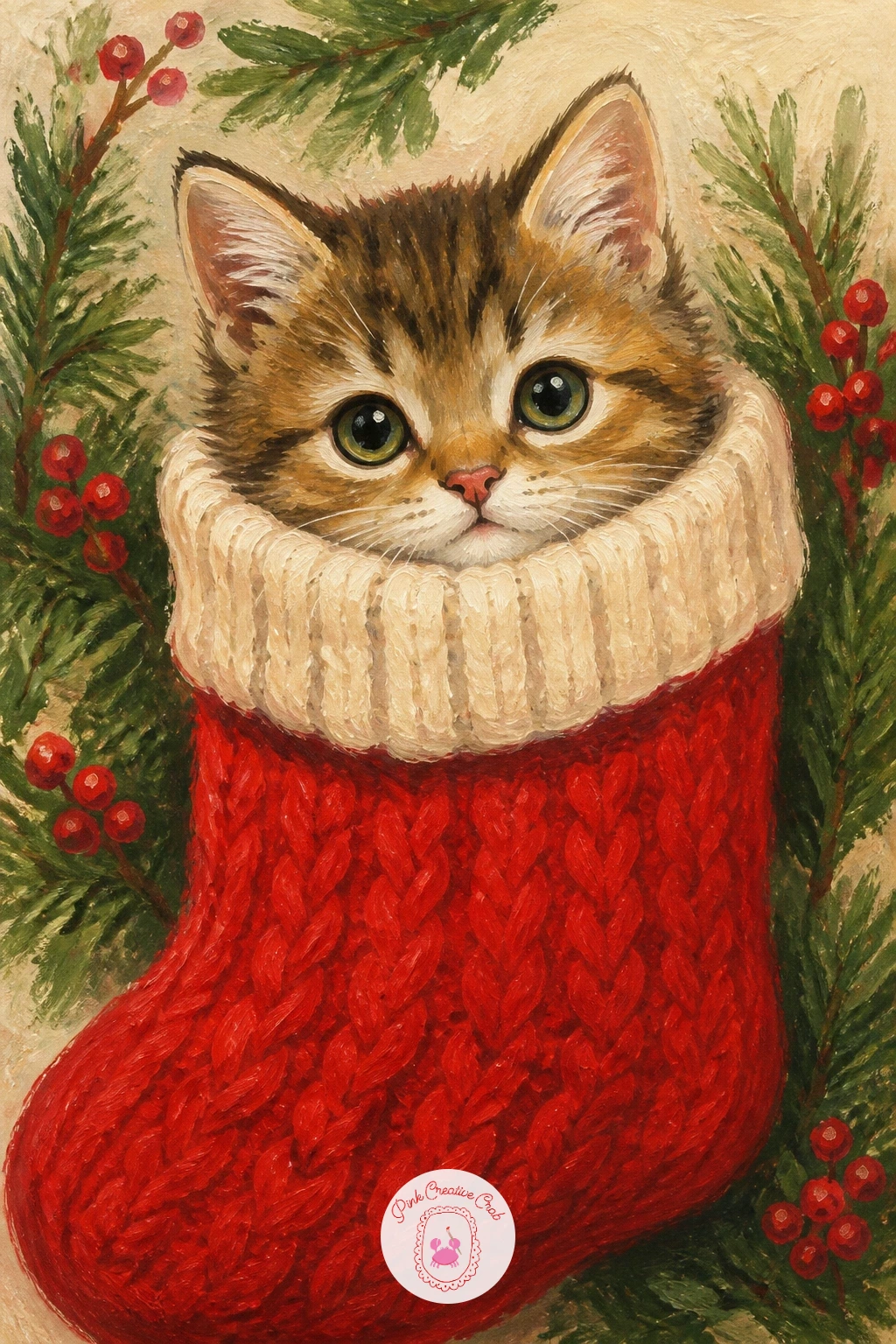 Kitten in a Stocking With Only Its Head Out — Move from tree to hearth with a kitten in a stocking with only its head out, peeking over the top like it got