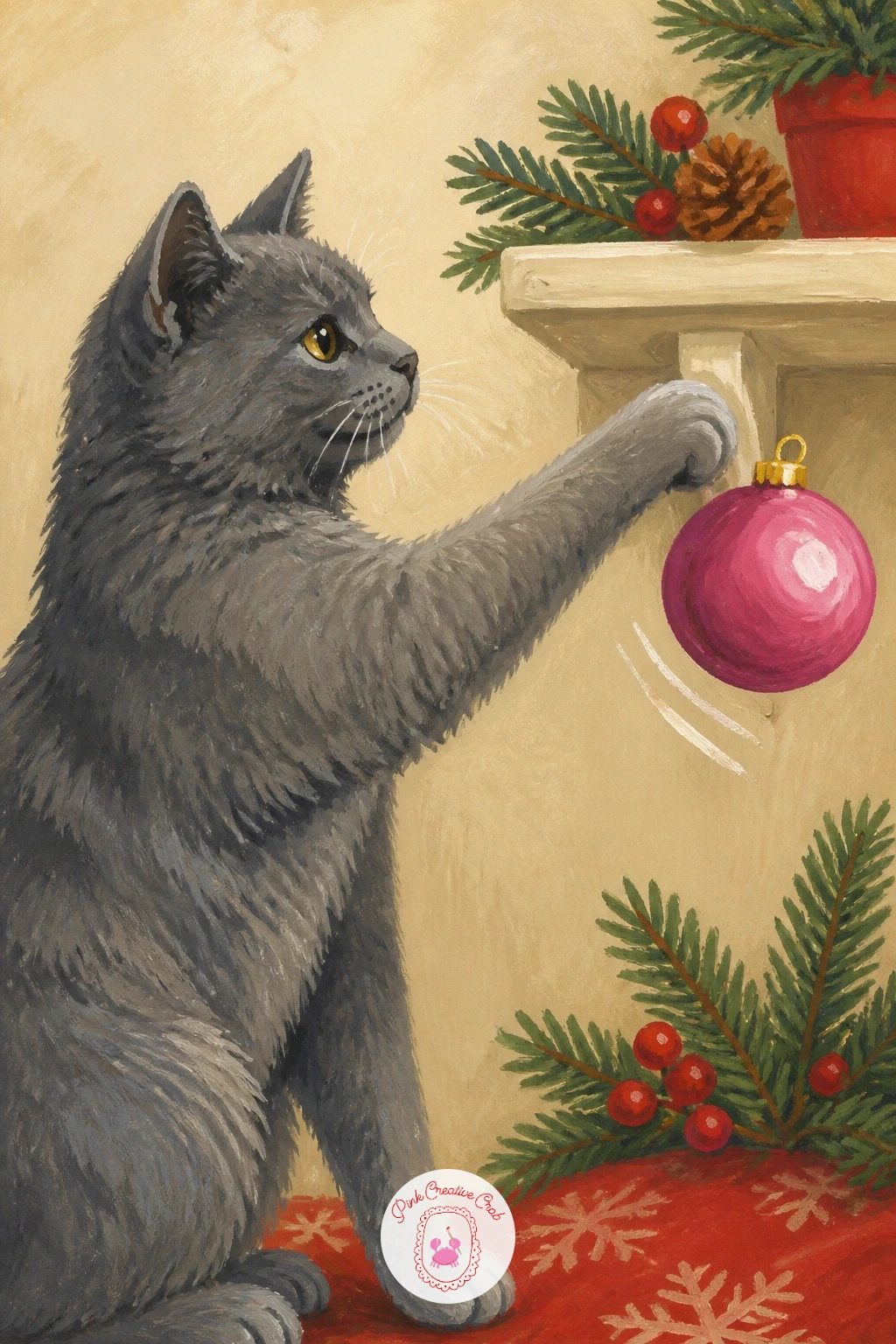 Cat Knocking a Pink Bauble Off a Shelf — For a bit of mischief, try a cat knocking a pink bauble off a shelf, caught mid-swipe with one paw extended. Christmas