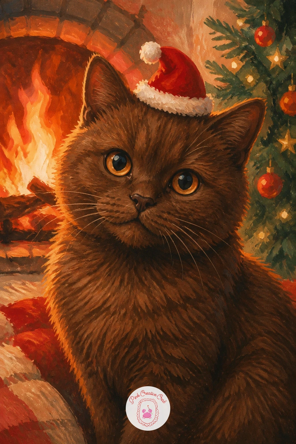 Cat Wearing a Tiny Santa Hat by the Fire — Settle things down with a cat wearing a tiny Santa hat by the fire, sitting upright and warm in front of a glowing