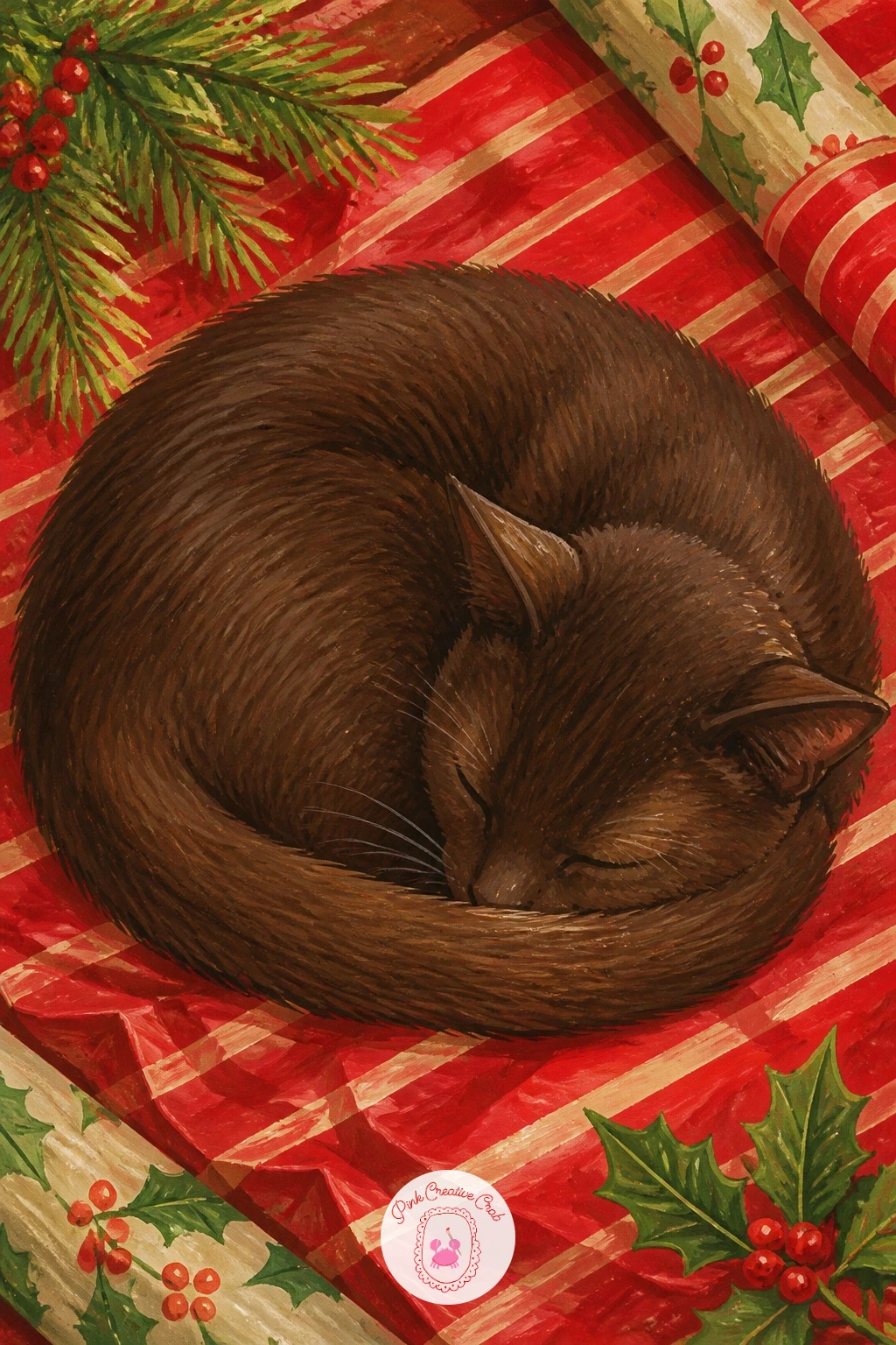 Cat Asleep on Wrapping Paper — Slow the pace with a cat asleep on wrapping paper, curled into a loose circle on top of a half-unrolled sheet. Christmas cat