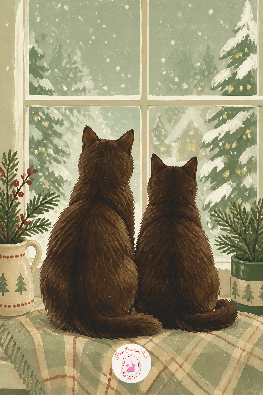 Two Cats Watching Snow From a Window — Here is your first two-cat composition: two cats watching snow from a window, sitting side by side on a sill with their