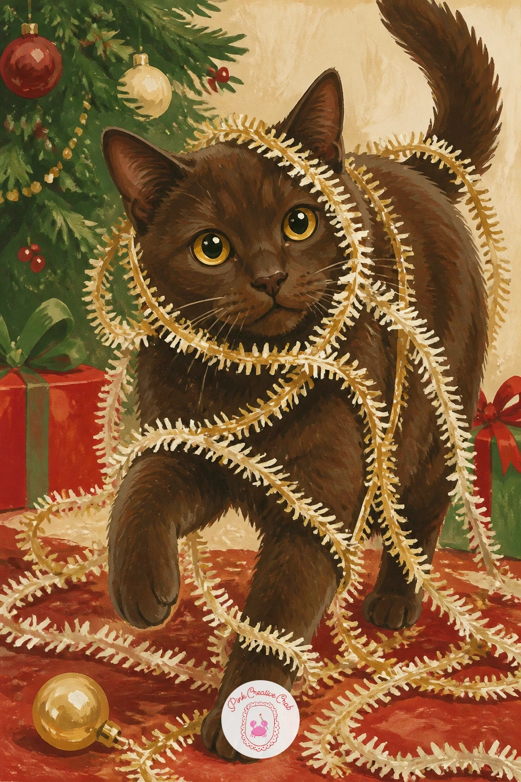 Cat Tangled in Tinsel — Pick up the pace with a cat tangled in tinsel, wrapped loosely in shiny strands with one strand trailing off a back leg. Christmas cat