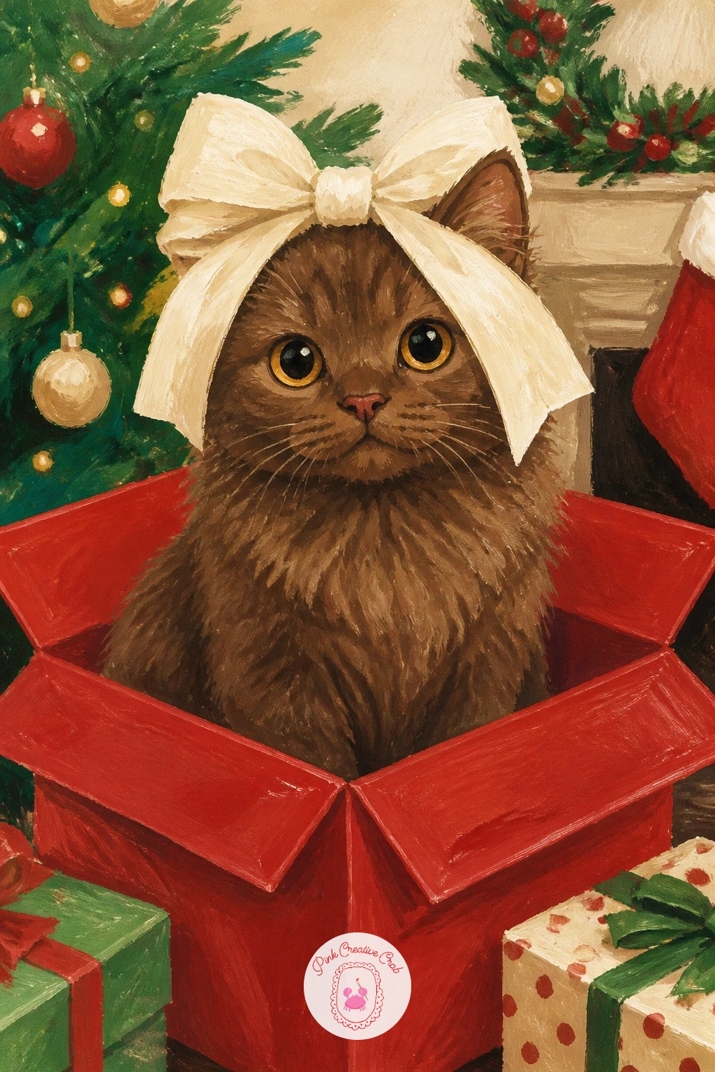 Cat in a Gift Box With a Bow on Its Head — Box season arrives with a cat in a gift box with a bow on its head, sitting upright inside an open box like the best