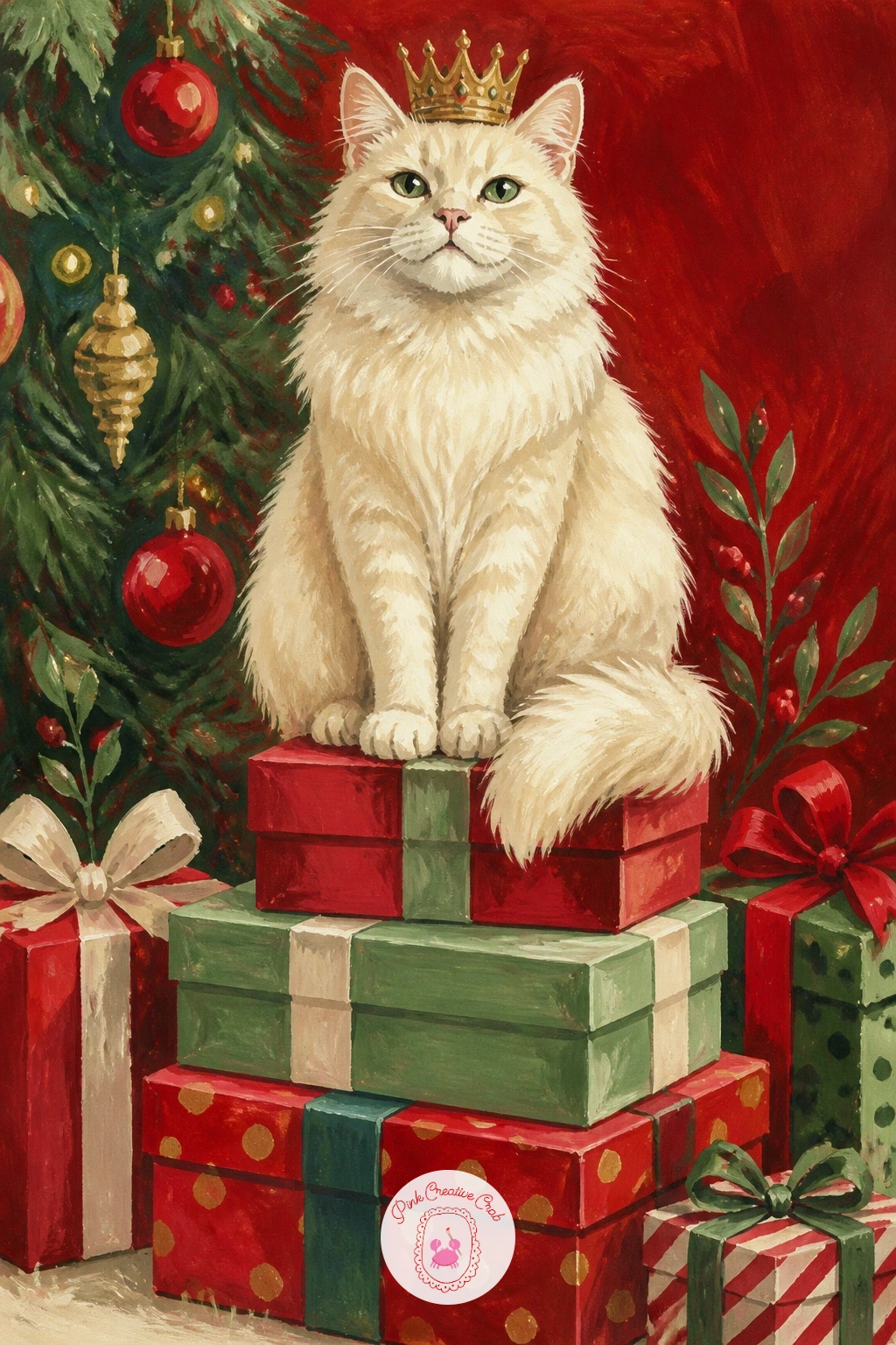 Cat Sitting on a Stack of Presents Like a Queen — Give her a throne with a cat sitting on a stack of presents like a queen, perched regally on top of three or