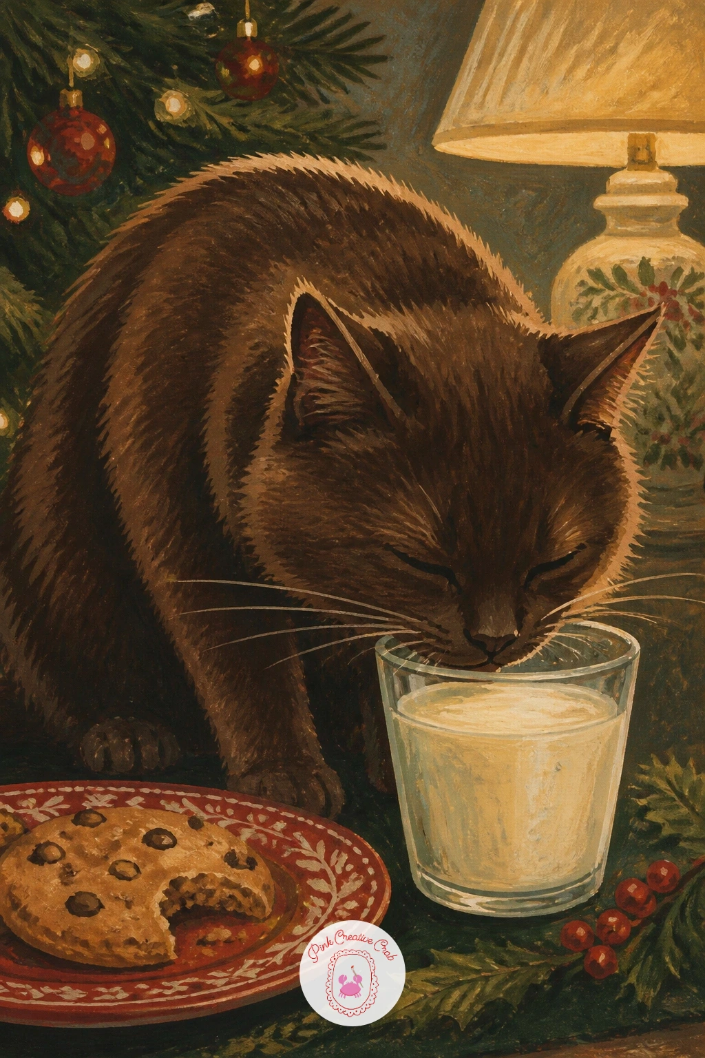 Cat Drinking Milk Left for Santa — Caught in the act: a cat drinking milk left for Santa, head dipped low into a glass with cookies sitting untouched nearby.