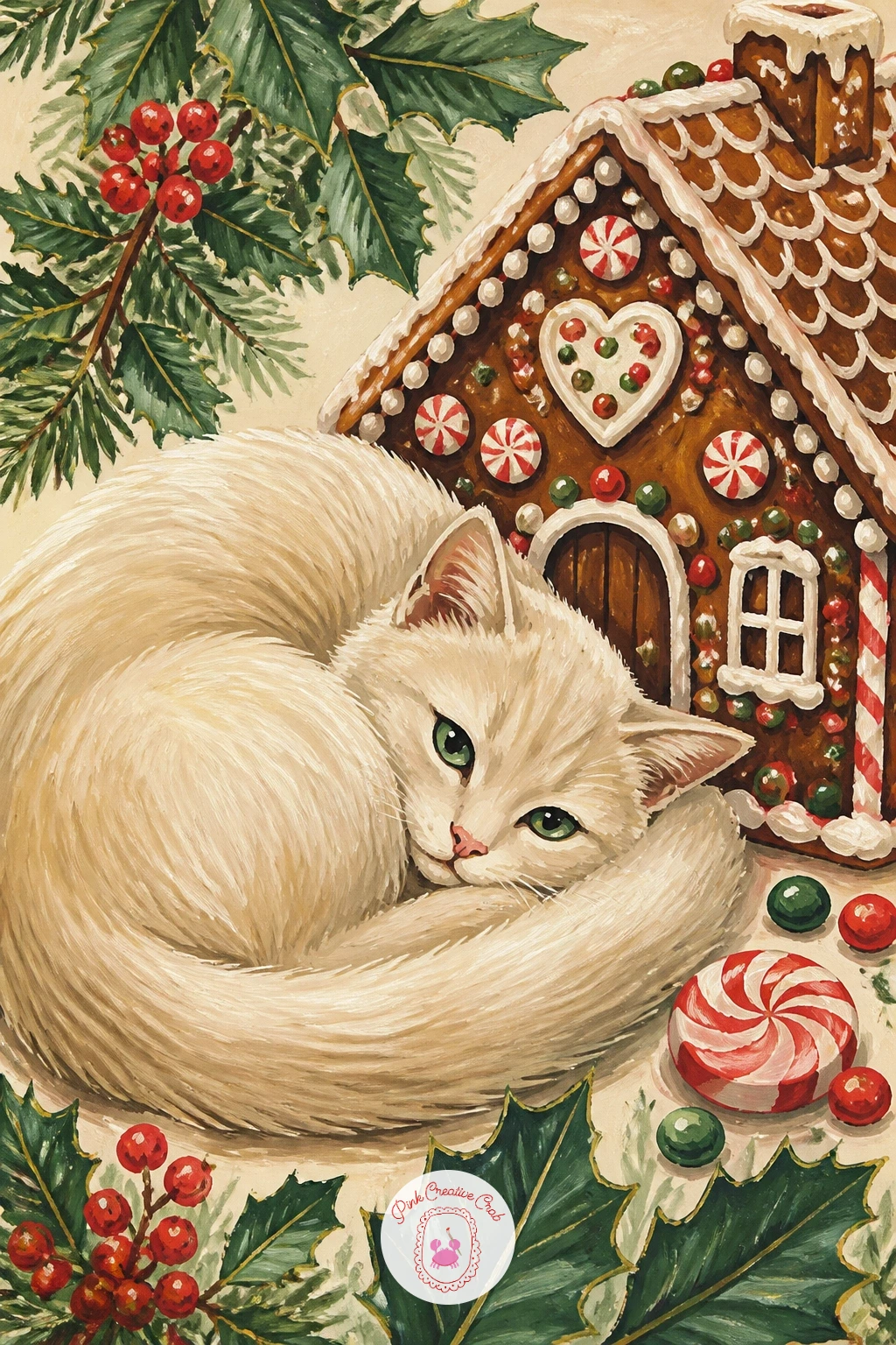 Cat Curled Up Next to a Gingerbread House — Bring in a sweet backdrop with a cat curled up next to a gingerbread house, resting beside it like a guard dog on