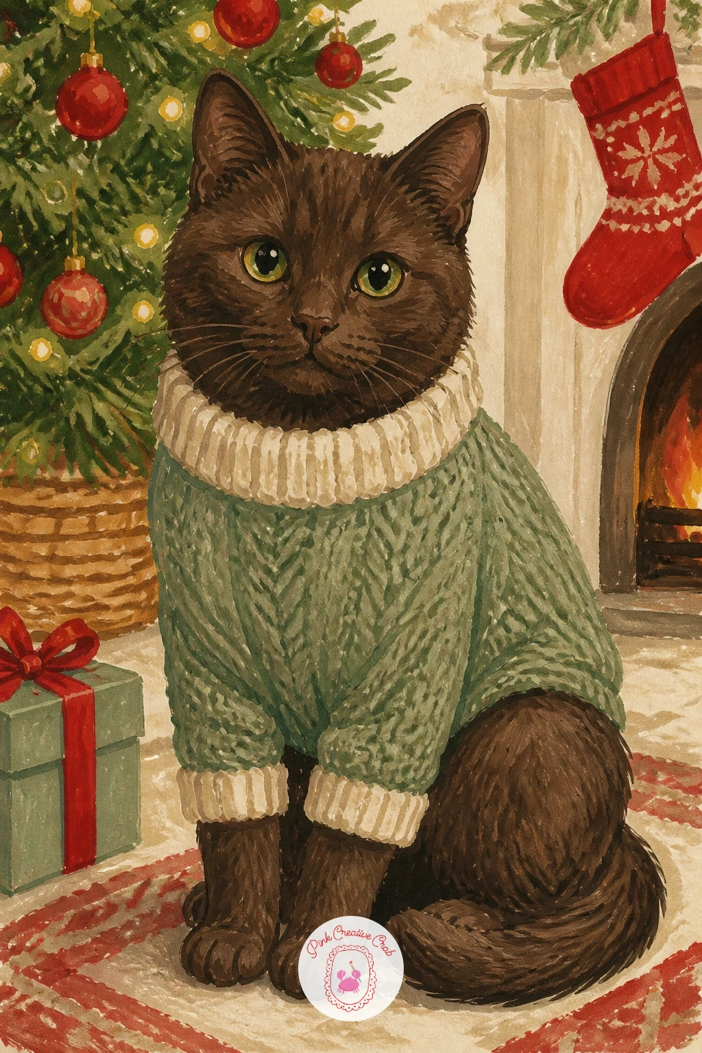 Cat in a Knitted Sweater — Cozy things up with a cat in a knitted sweater, sitting upright and slightly puffed out in a chunky holiday jumper. Christmas cat