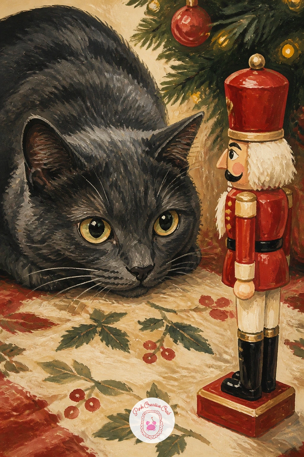 Cat Staring at a Nutcracker — Add some tension with a cat staring at a nutcracker, crouched low and fixated on the tall wooden figure across from it. Christmas
