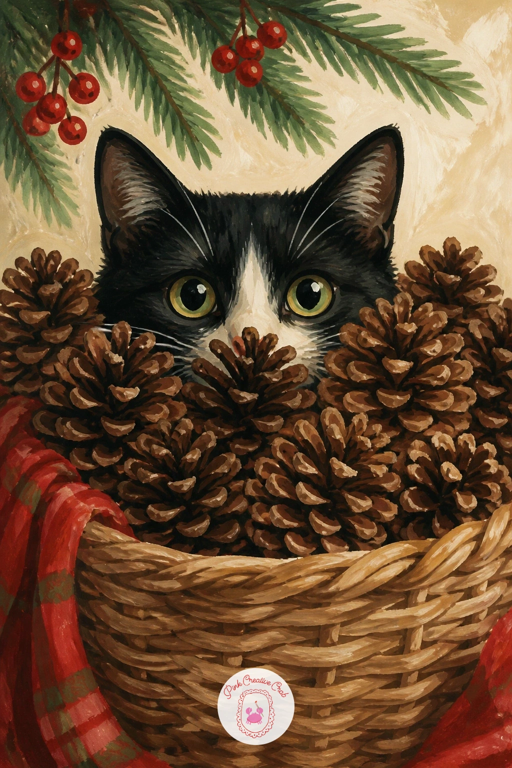 Cat Hiding in a Basket of Pine Cones — Try texture play with a cat hiding in a basket of pine cones, tucked down low with just ears and eyes visible over the
