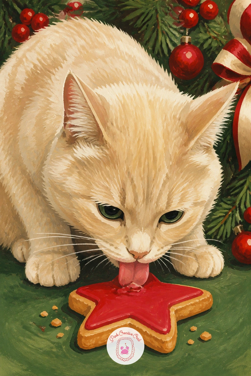 Cat Licking Icing Off a Cookie — Keep the mischief going with a cat licking icing off a cookie, tongue out and paw holding the cookie steady on the floor.