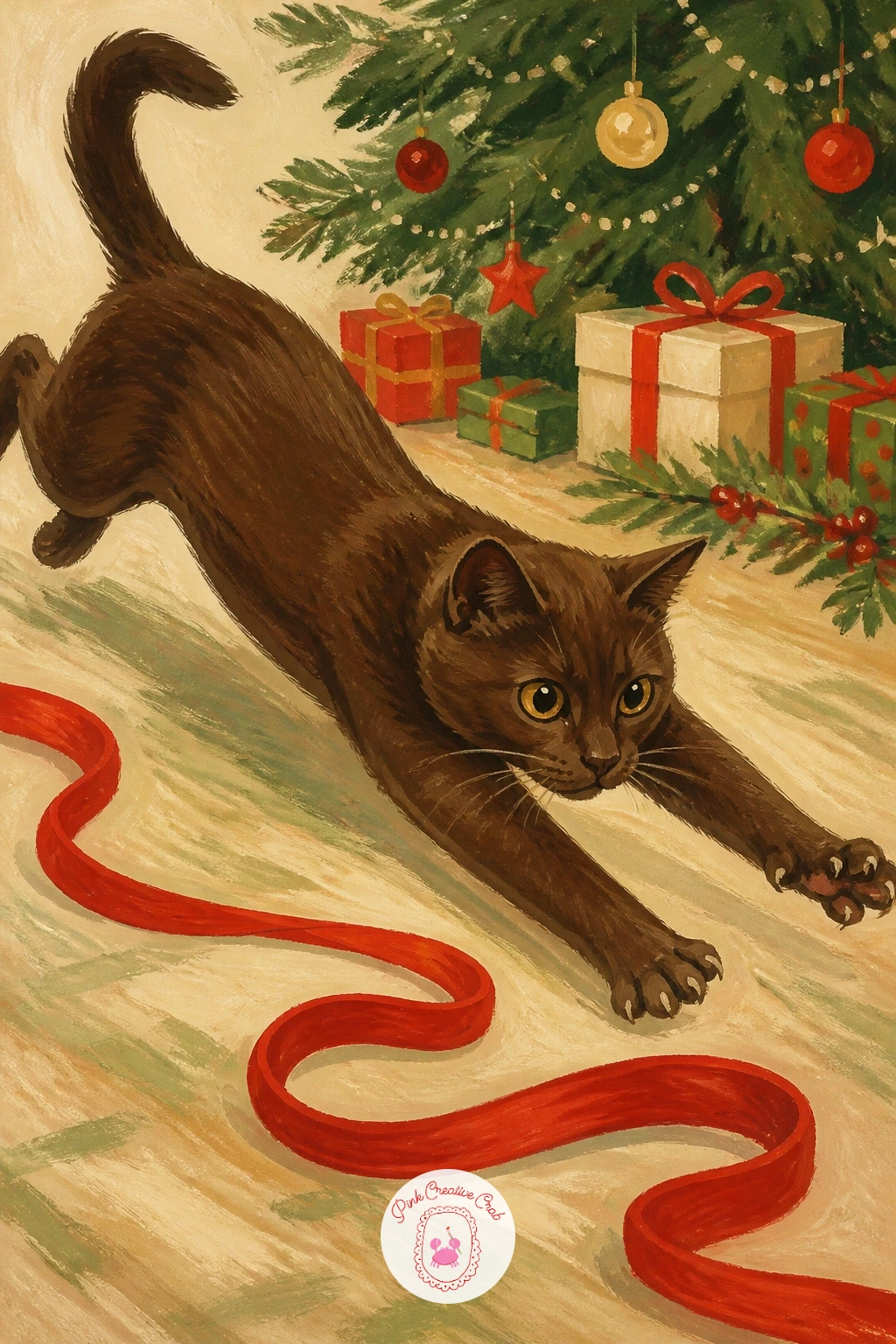 Cat Chasing a Ribbon Across the Floor — Add movement with a cat chasing a ribbon across the floor, caught mid-leap with the ribbon trailing just out of reach.
