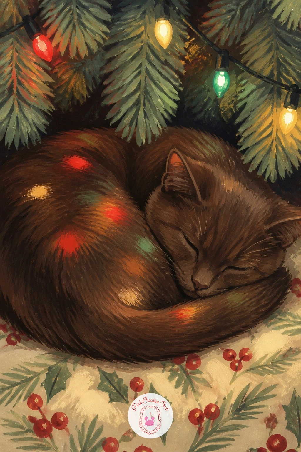 Cat Sleeping Under the Tree Lights — Slow back down with a cat sleeping under the tree lights, curled at the base of the tree bathed in a soft colored glow.