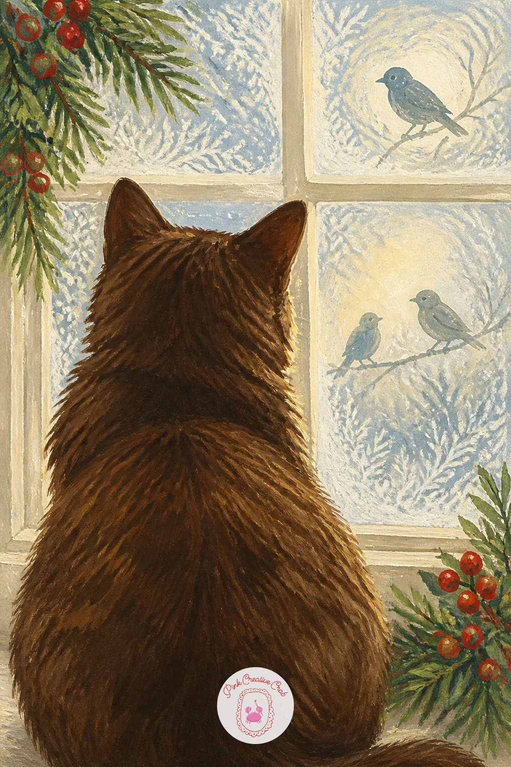 Cat Looking Out of a Frosted Window at Birds — Turn to a quieter mood with a cat looking out of a frosted window at birds, sitting tall and alert with its back