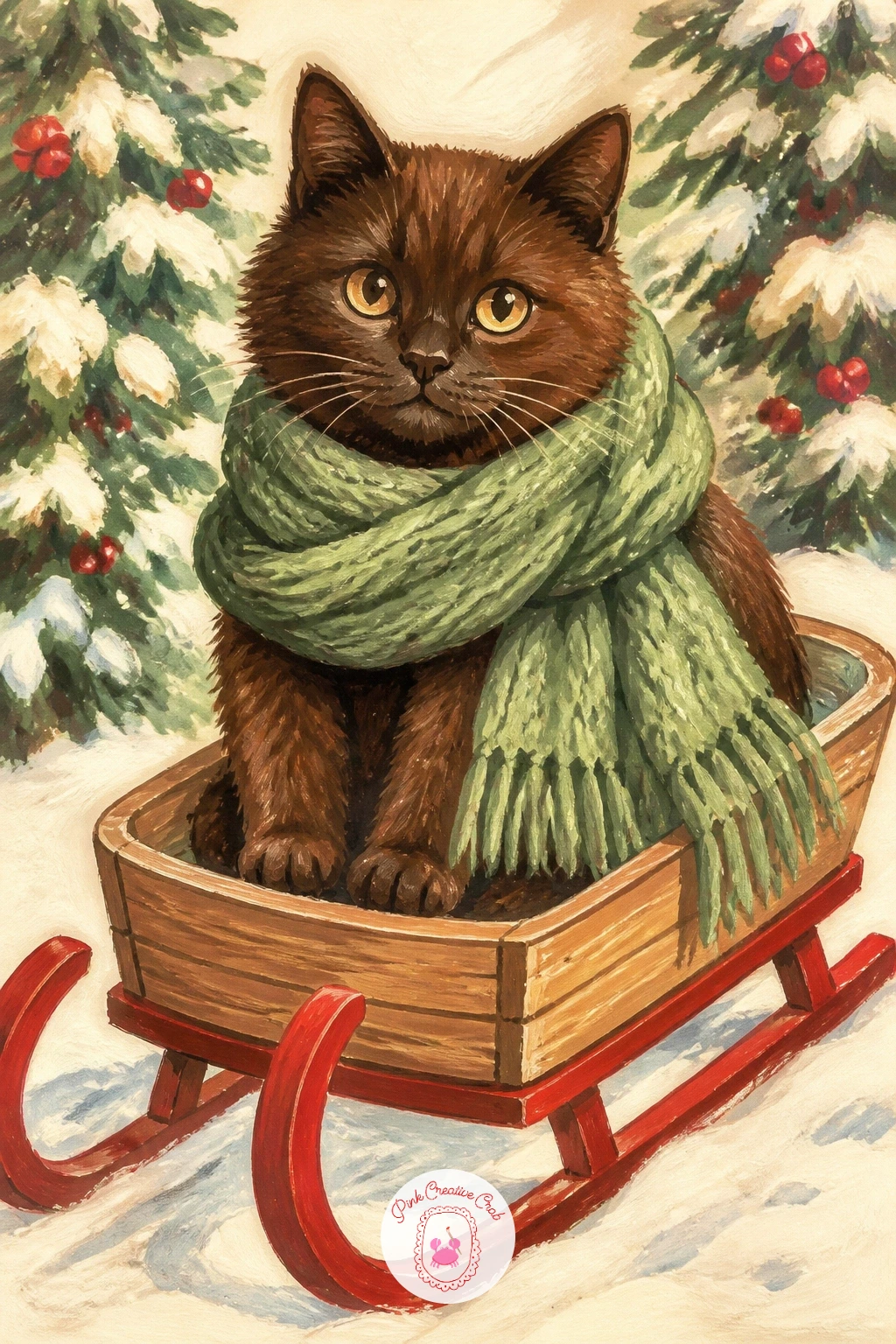 Cat in a Scarf Sitting in a Sled — Bundle up with a cat in a scarf sitting in a sled, perched upright in a small wooden sled as if waiting for a ride.