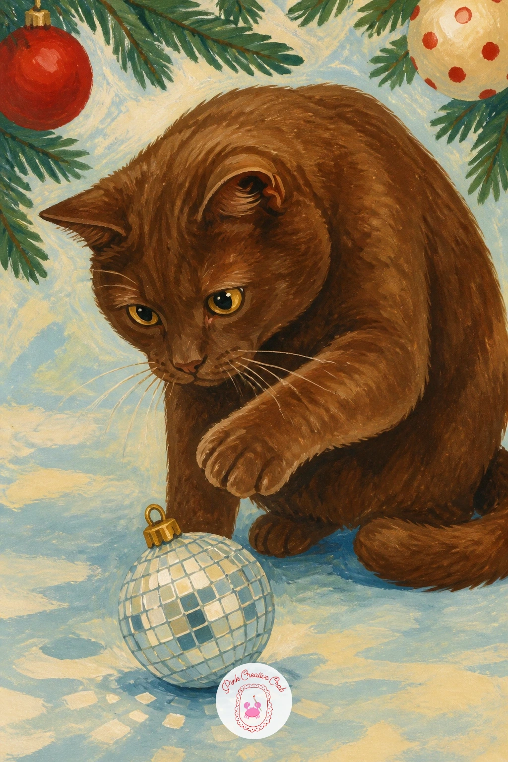 Cat Batting a Disco Ball Ornament — Bring in some sparkle with a cat batting a disco ball ornament, paw raised mid-swing at a small round mirrored bauble