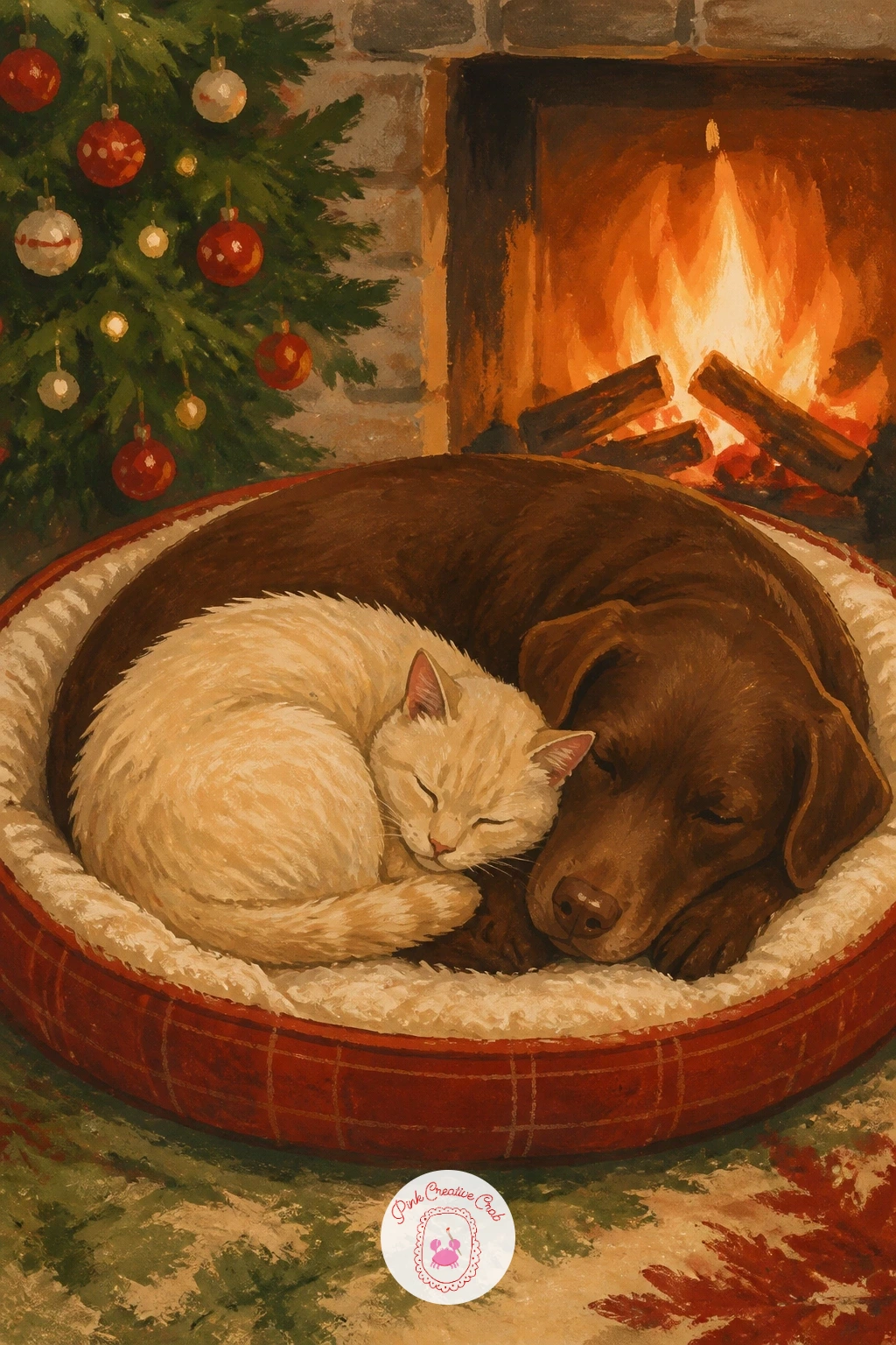 Cat and a Dog Sharing One Bed by the Fireplace — Try a two-animal scene with a cat and a dog sharing one bed by the fireplace, curled together in an unlikely