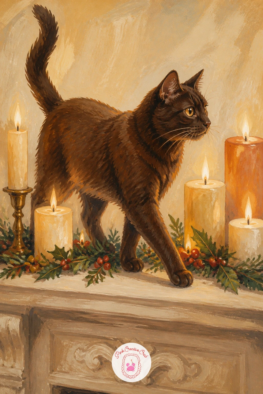 Cat on a Mantel Among Candles — Find a dramatic setting with a cat on a mantel among candles, walking carefully between a row of lit candles on a fireplace