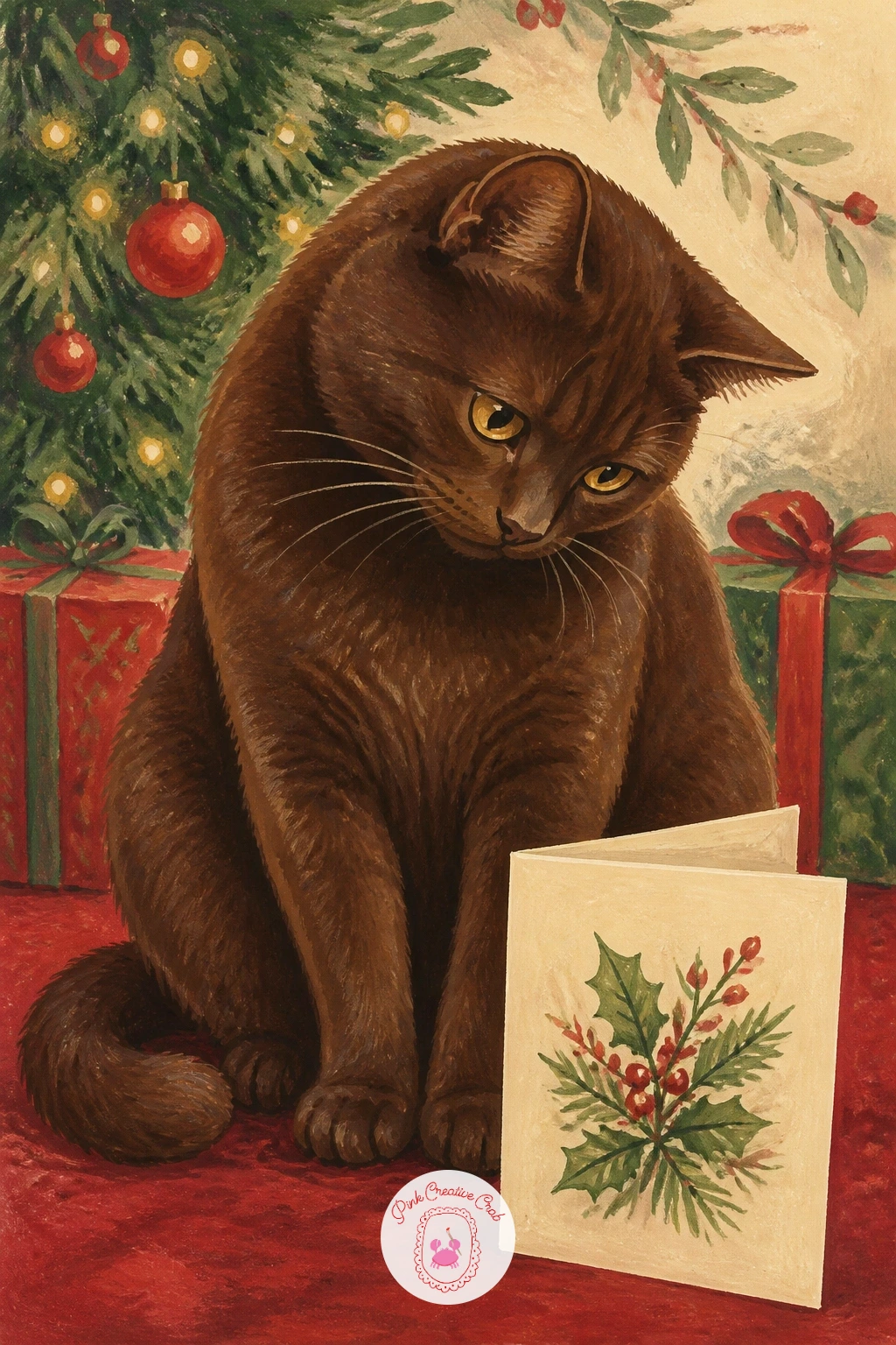Cat Reading a Christmas Card — Slow the mood with a cat reading a Christmas card, sitting with a card propped open in front of it as if studying the message