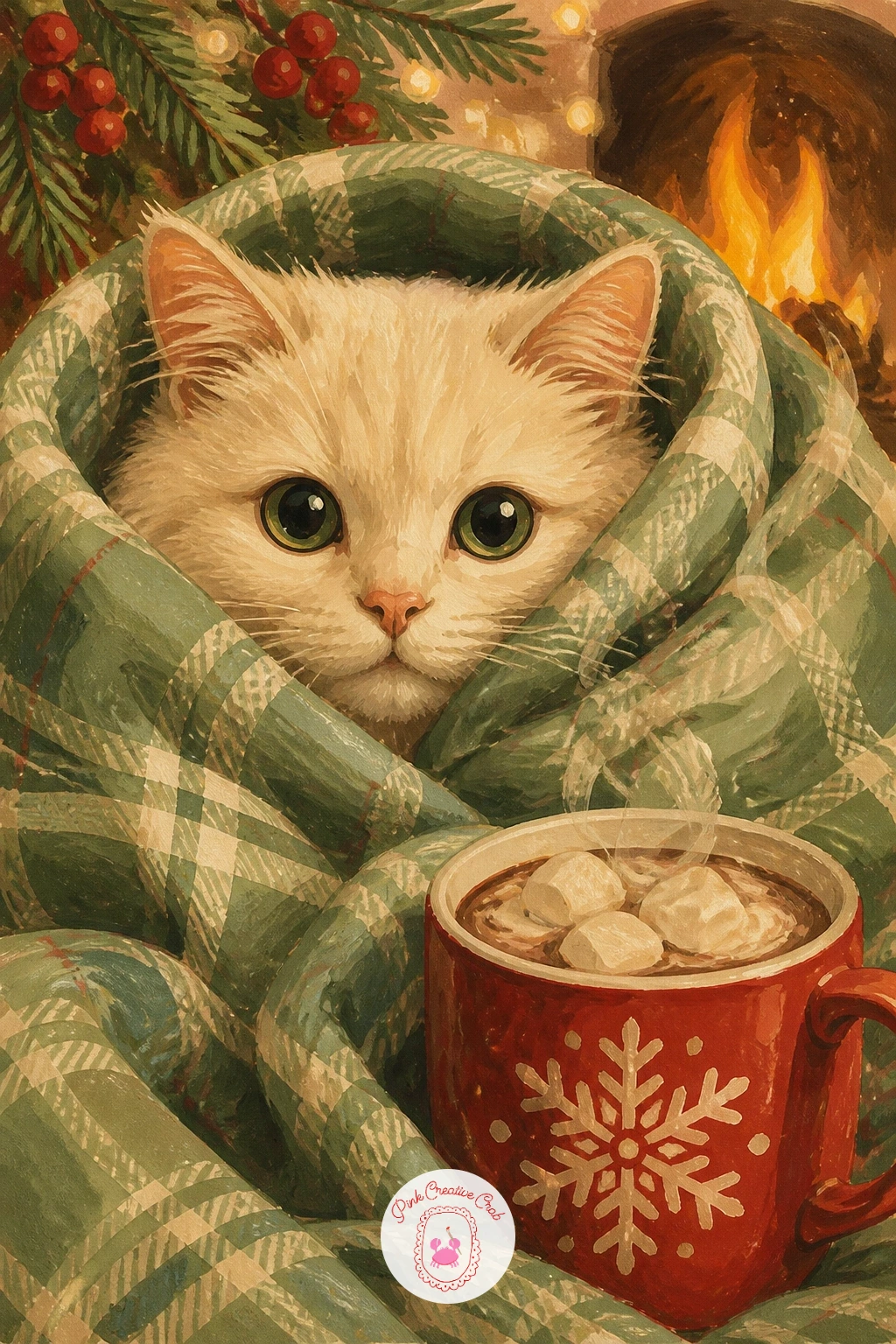 Cat Wrapped in a Blanket With Cocoa — Get extra cozy with a cat wrapped in a blanket with cocoa, peeking out from a folded blanket beside a steaming mug.