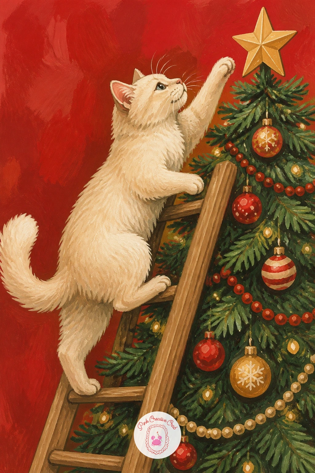 Cat Climbing a Ladder to Reach the Top of the Tree — Ramp up the ambition with a cat climbing a ladder to reach the top of the tree, caught partway up a small