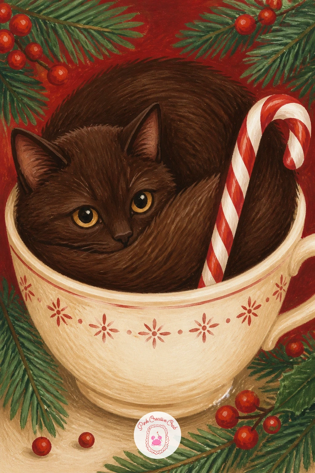 Cat in a Teacup With a Candy Cane — Shrink the scale with a cat in a teacup with a candy cane, tucked impossibly into an oversized cup with a striped candy