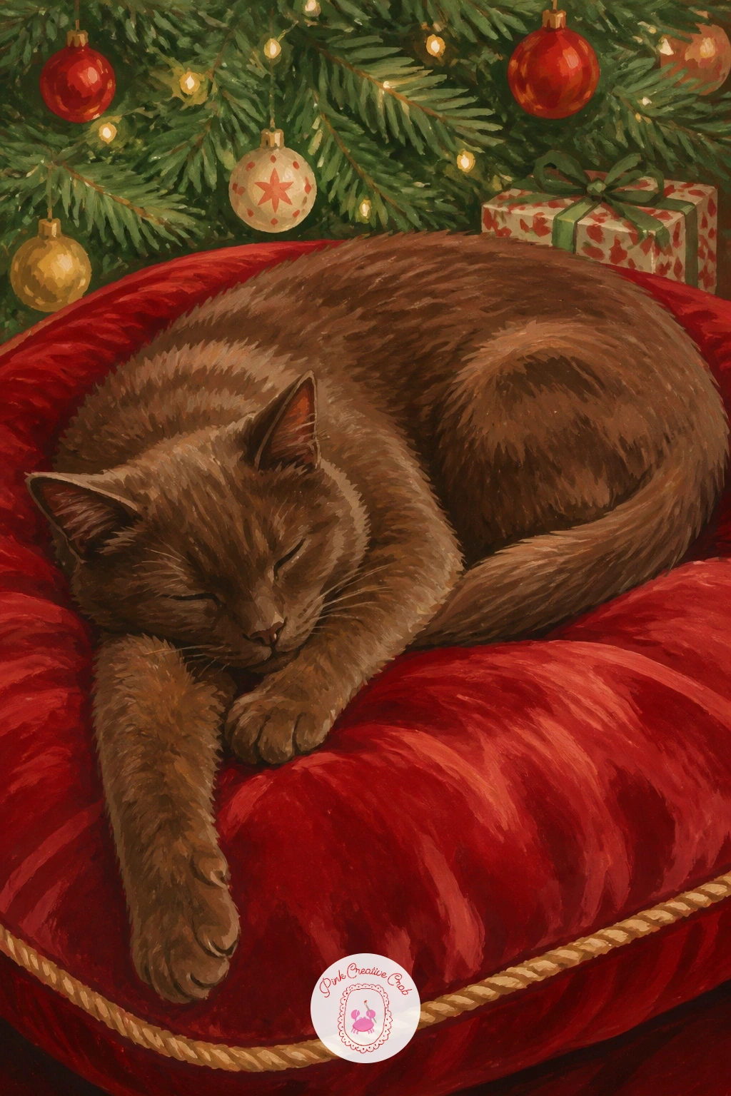 Cat Sleeping on a Velvet Cushion — Return to something calm with a cat sleeping on a velvet cushion, stretched out full length on a plush round cushion in rich