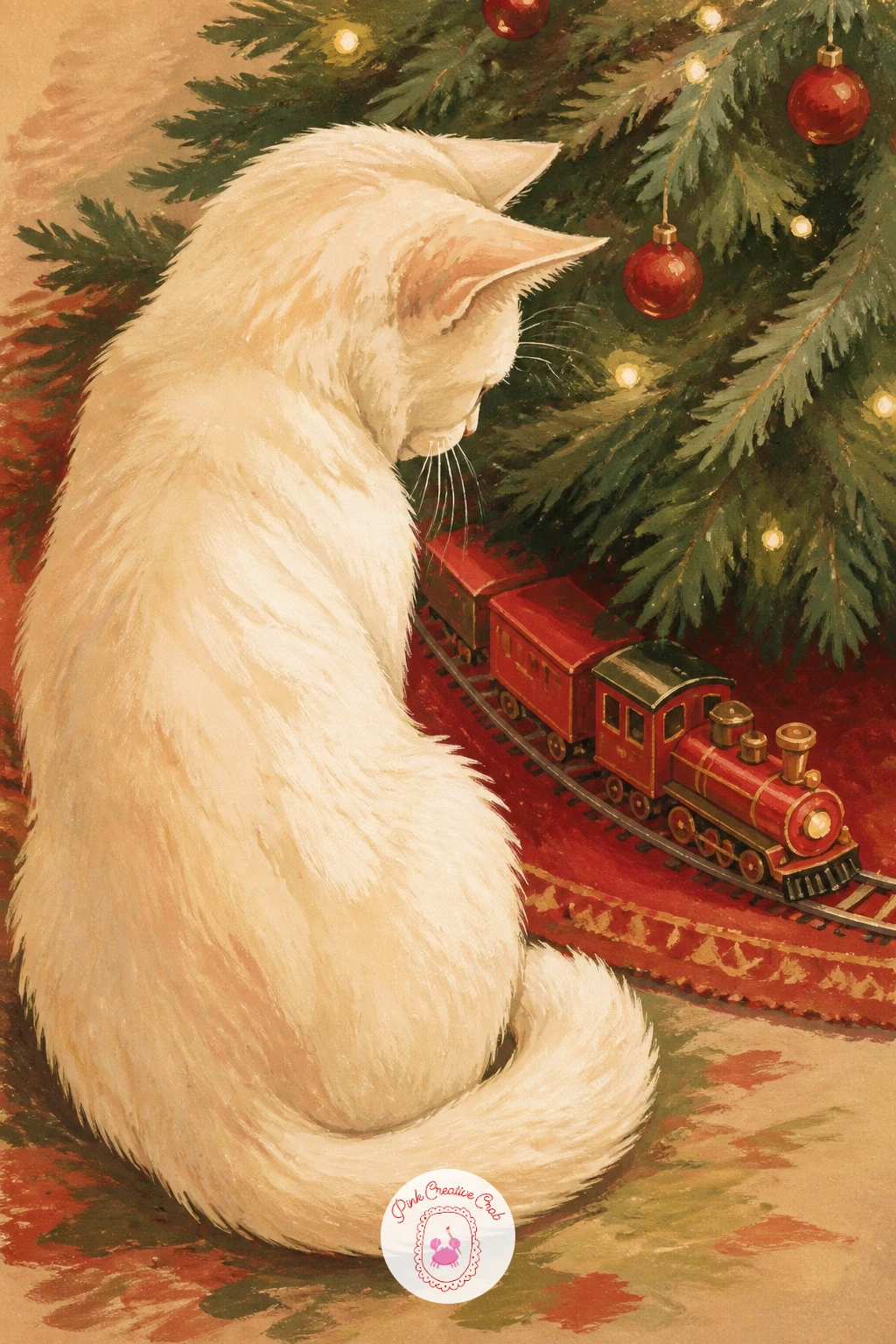 Cat Watching a Train Circle the Tree — Bring in some motion with a cat watching a train circle the tree, sitting perfectly still while a small toy train loops