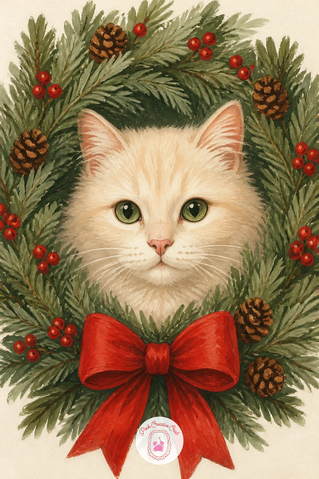 Cat in a Wreath — Frame things up with a cat in a wreath, its face peeking through the center of a round pine wreath hung on a door or wall. Christmas cat