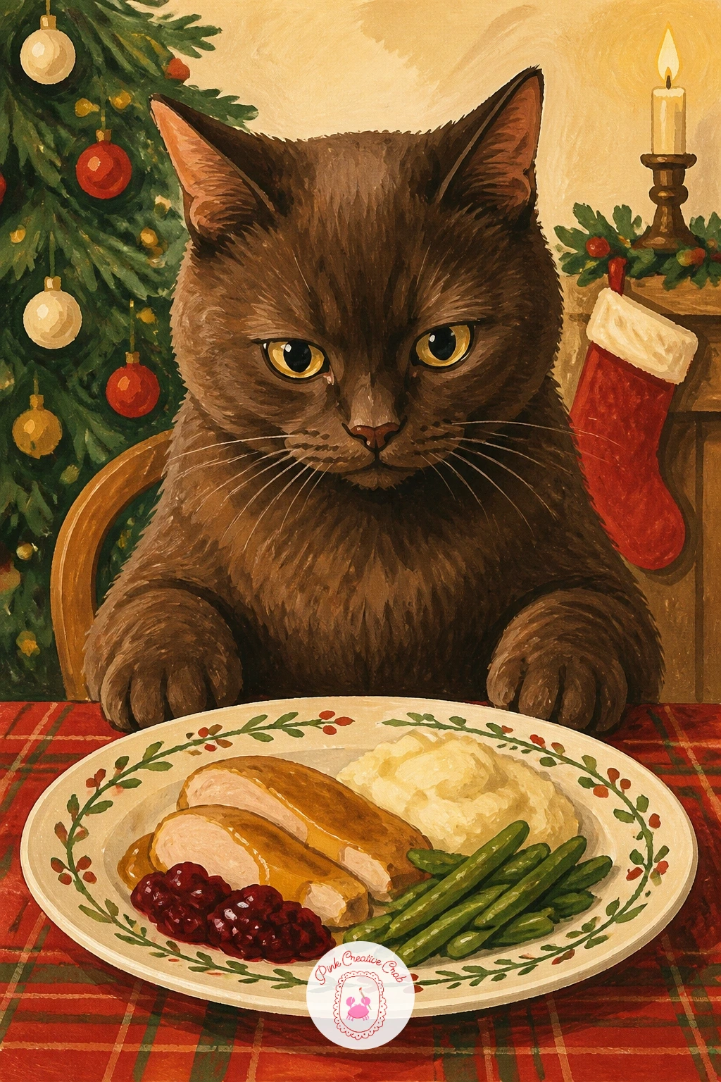 Cat at the Christmas Dinner Table — Bring the family scene together with a cat at the Christmas dinner table, sitting up at the table itself as if it has