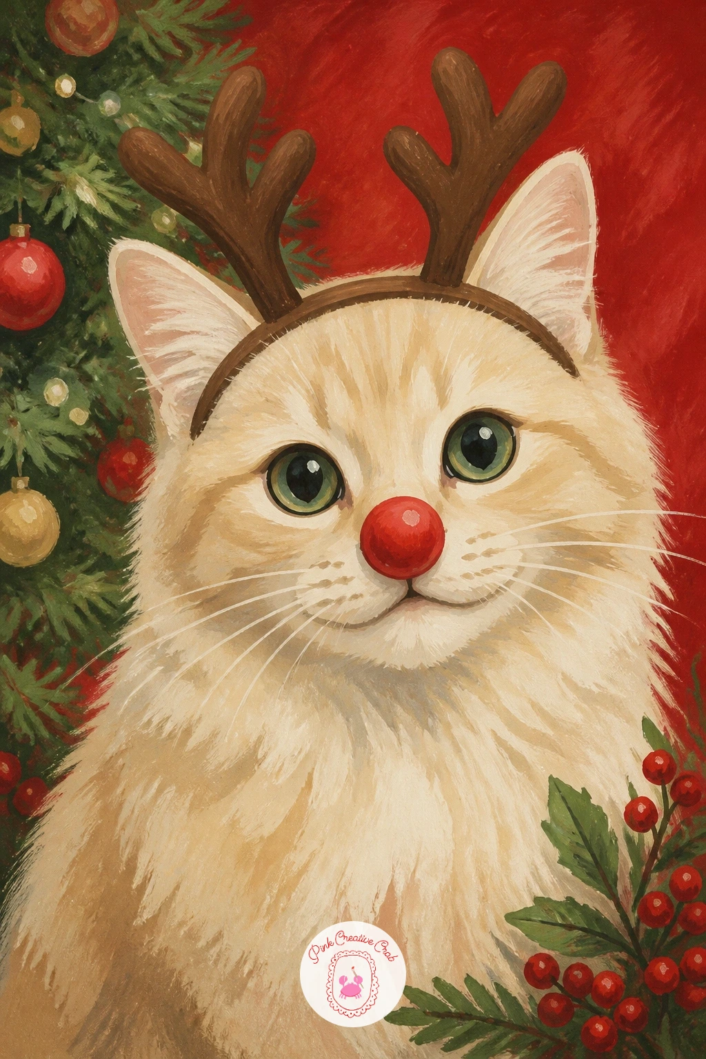 Cat Dressed as a Reindeer — Have some fun with a cat dressed as a reindeer, wearing a small set of felt antlers and a red nose clipped over its own. Christmas