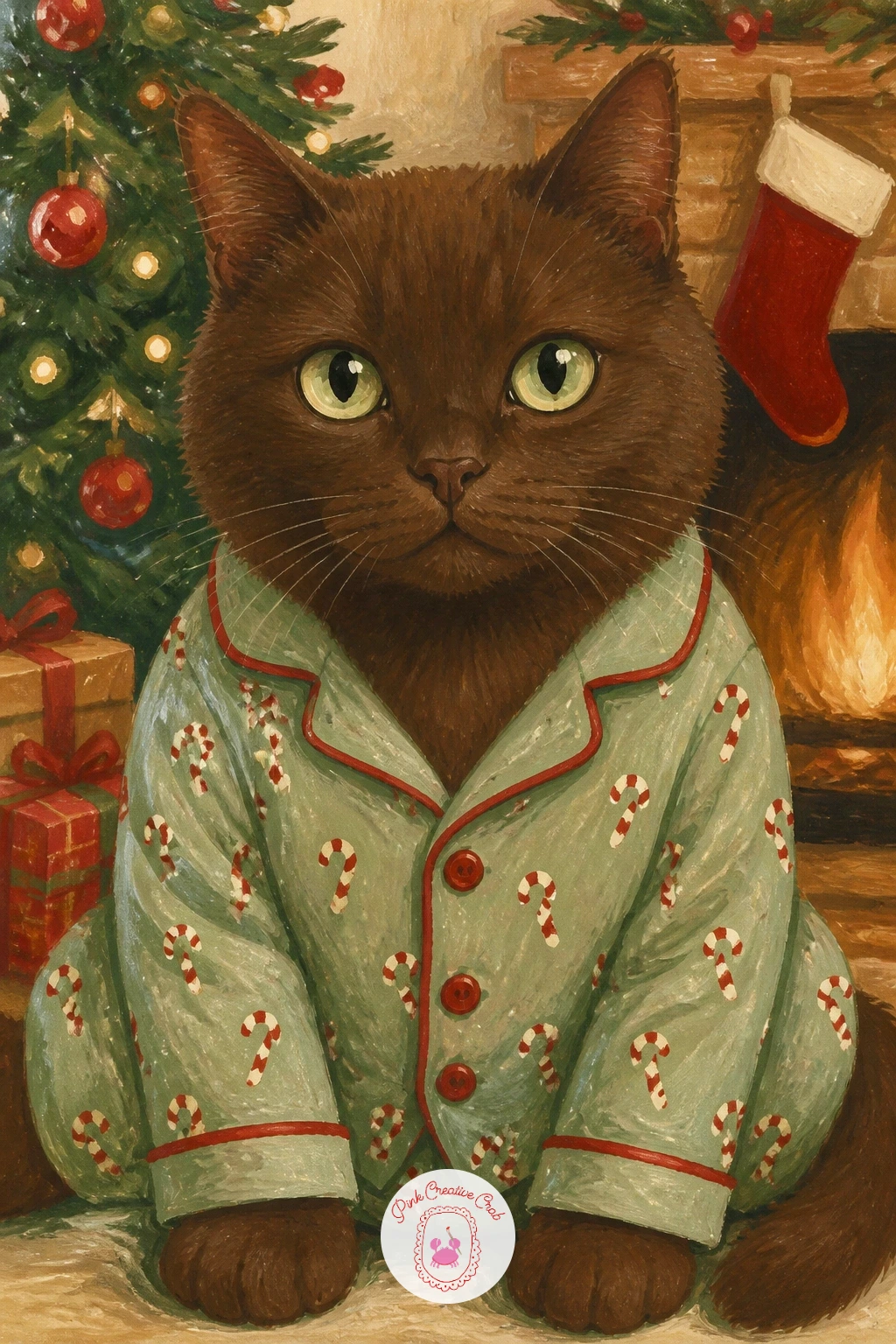 Cat in a Christmas Pajama Set — Keep the costume theme going with a cat in a christmas pajama set, patterned all over in a small repeating print. Christmas cat