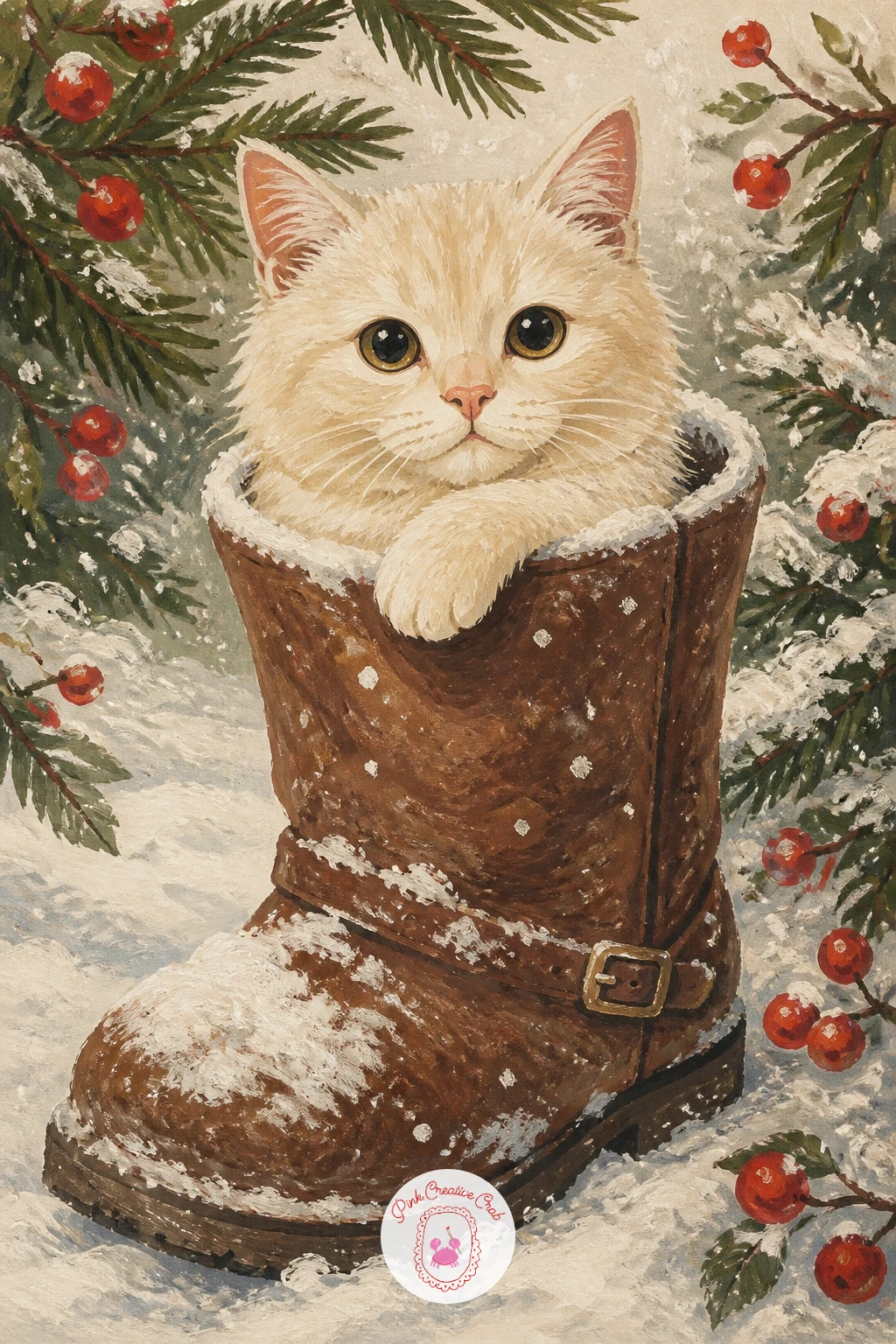 Cat Sitting in a Snow-Filled Boot — Bring the outdoors in with a cat sitting in a snow-filled boot, tucked into a tall winter boot left by the door with snow